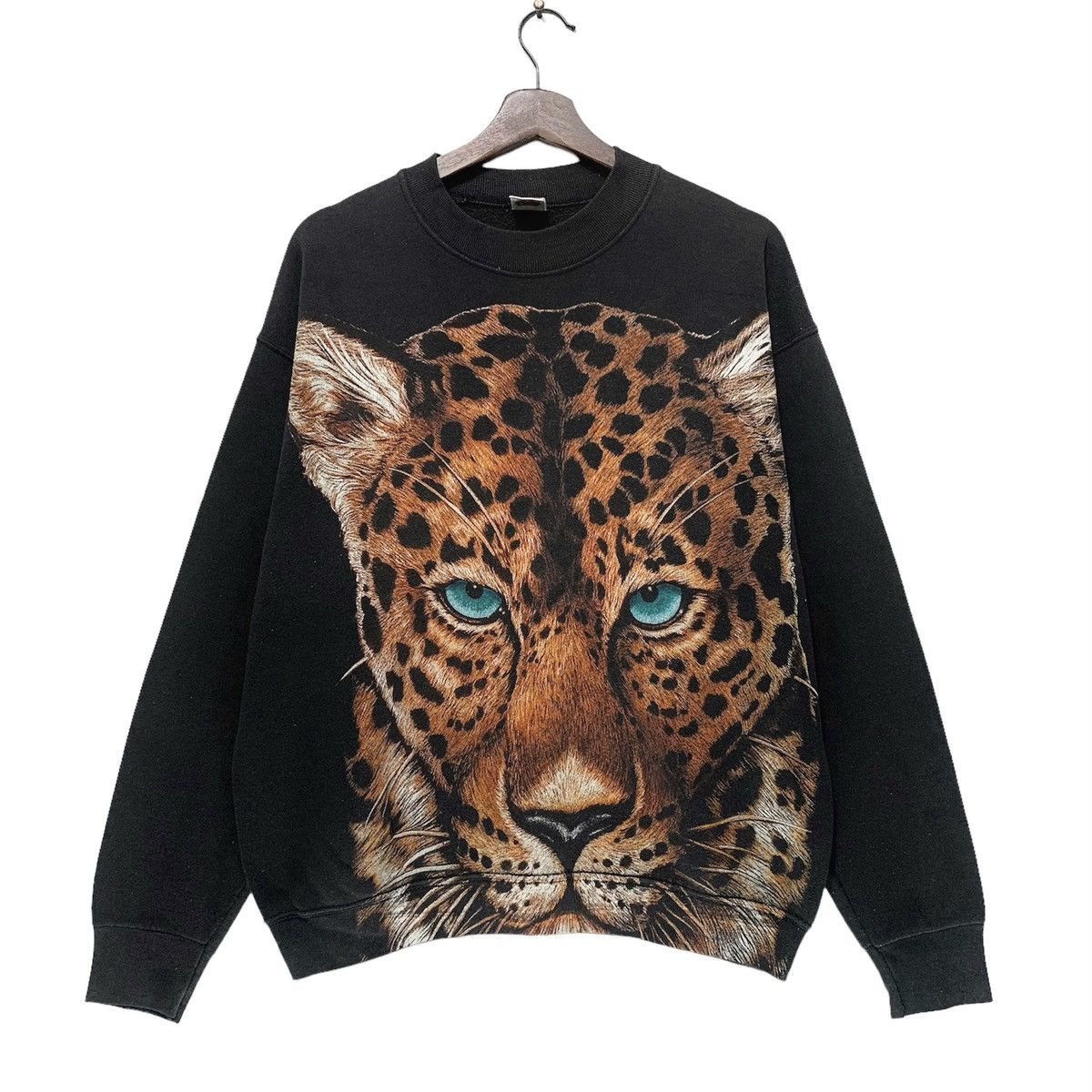 image of Art x Fruit Of The Loom Vintage 90's Fruit Of The Loom Over Print Leopard Sweatshirt in Black (Size