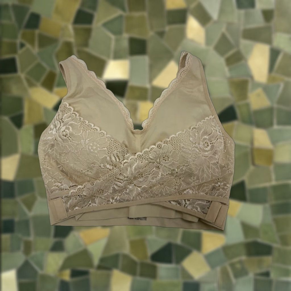 Vintage Cara Mia Womens Bra Size 2X Tan Lace Front Criss Cross Straps Padded Adjustable Wirefree 2XL Brown Front Hook & Eye Plus Size Women Ballpark Size ONE SIZE - 1 Thumbnail
