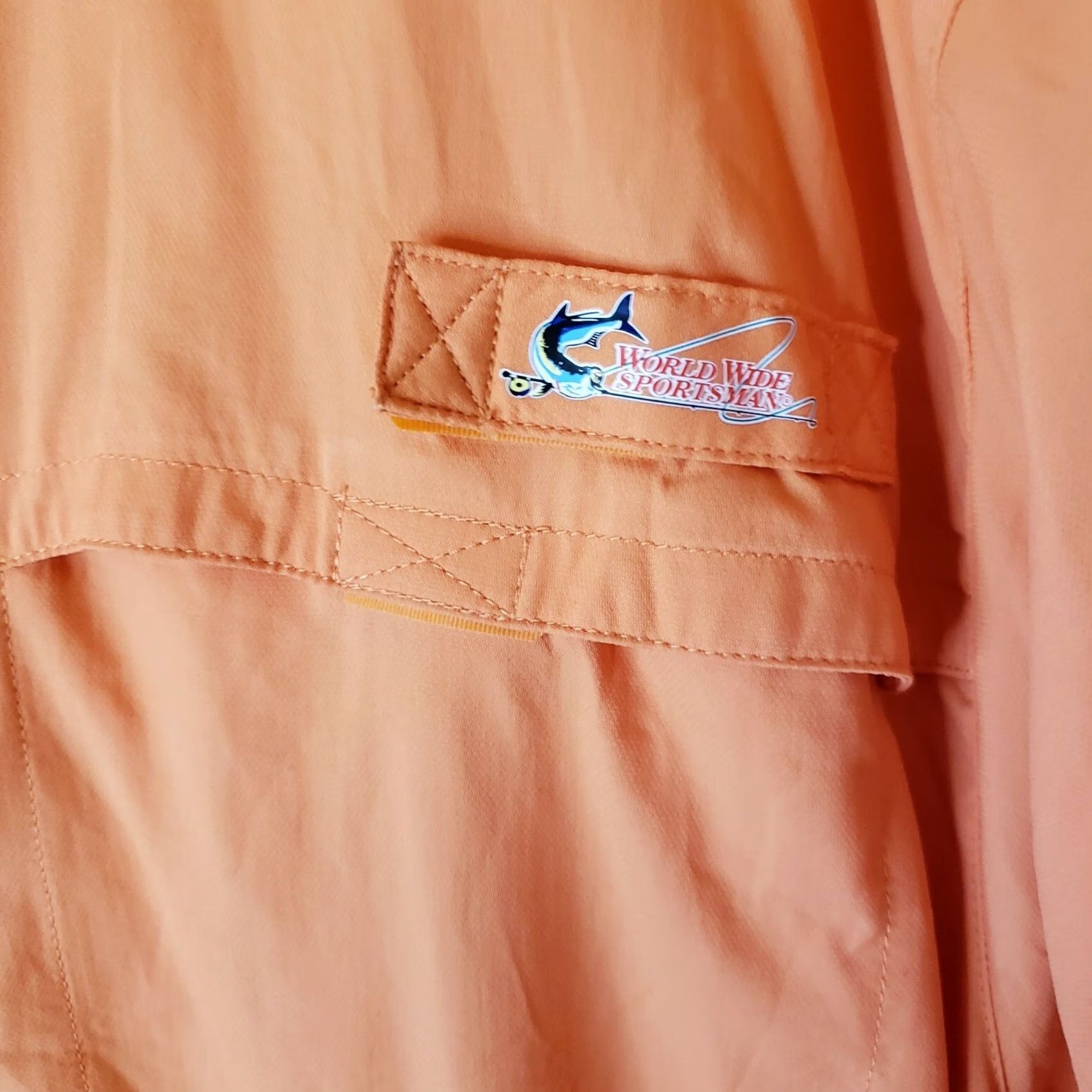 Vintage World Wide Sportsman Shirt Men XL Orange Vented Fishing Button Up Short S Poly Nylon Polyester Pocket Logo Size US XL / EU 56 / 4 - 4 Thumbnail