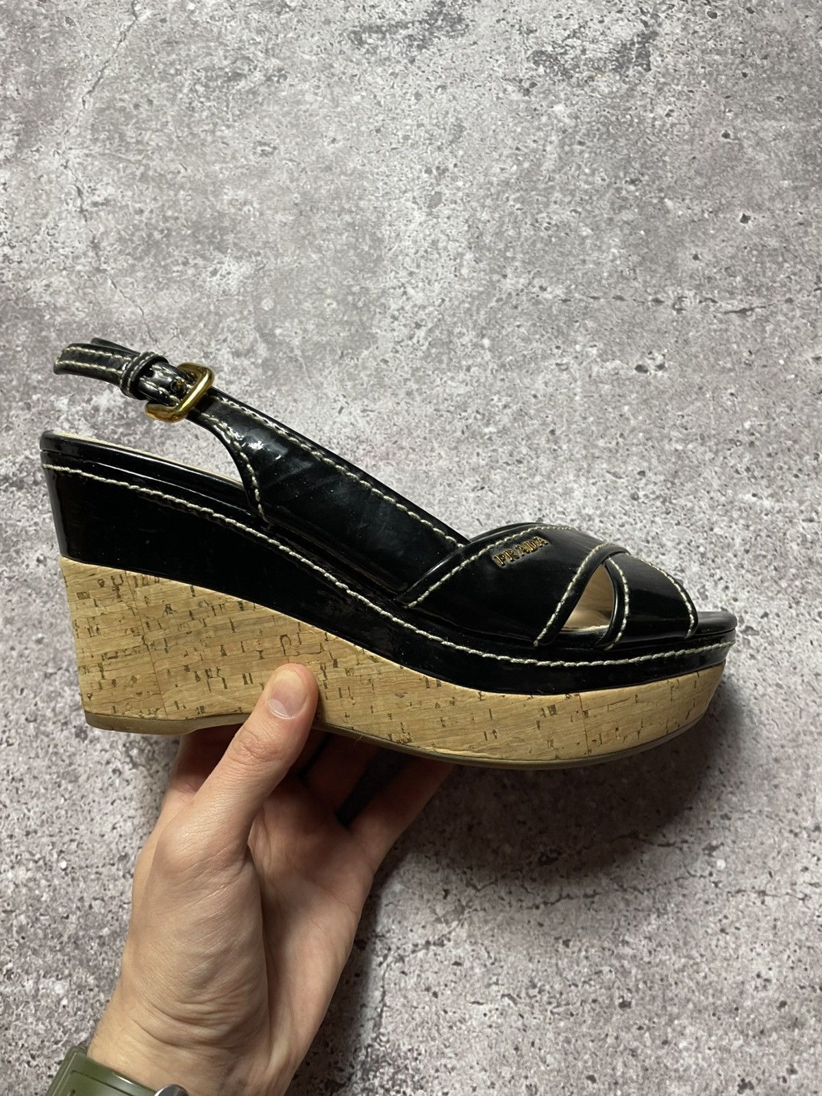 Prada PRADA Patent leather wedge sole cork black women's size 37 Size US 7 / IT 37 - 5 Thumbnail