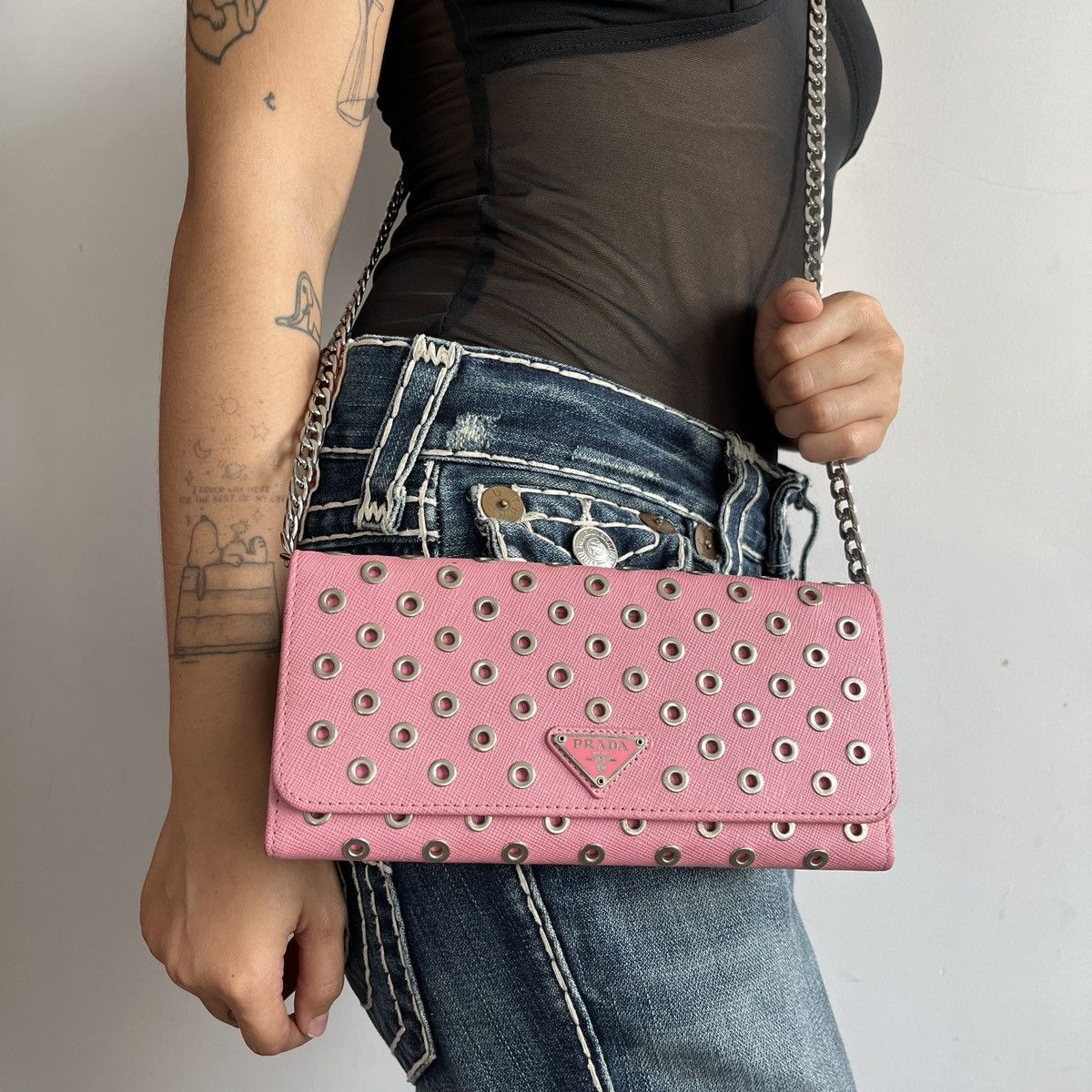 Prada Prada Pink Saffiano Rings Stud Clutch Chain Crossbody Size ONE SIZE - 1 Thumbnail
