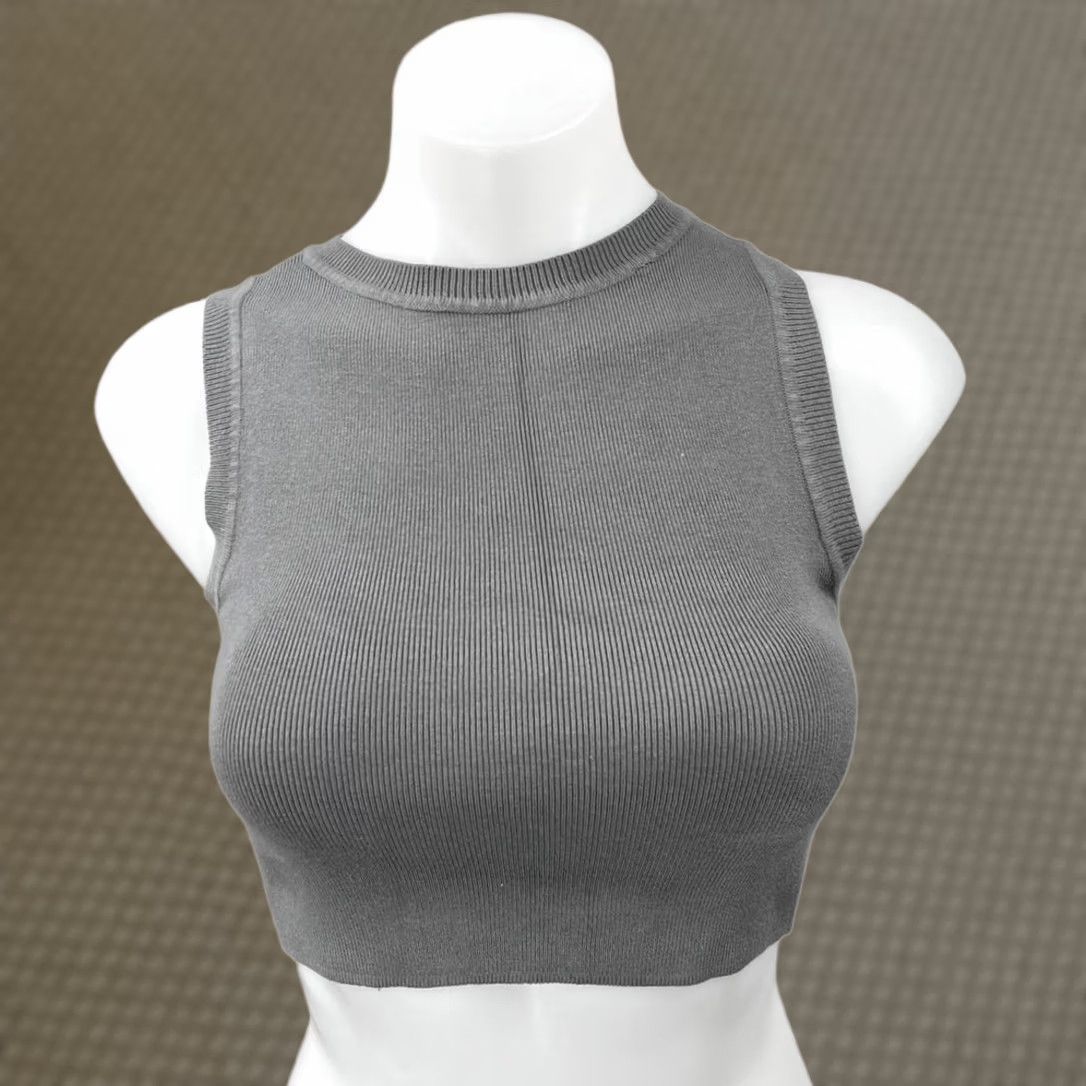 Zara Tank Top Adult S Gray Ribbed Crew Neck Stretch Knit Crop Sleeveless Women's, Women's