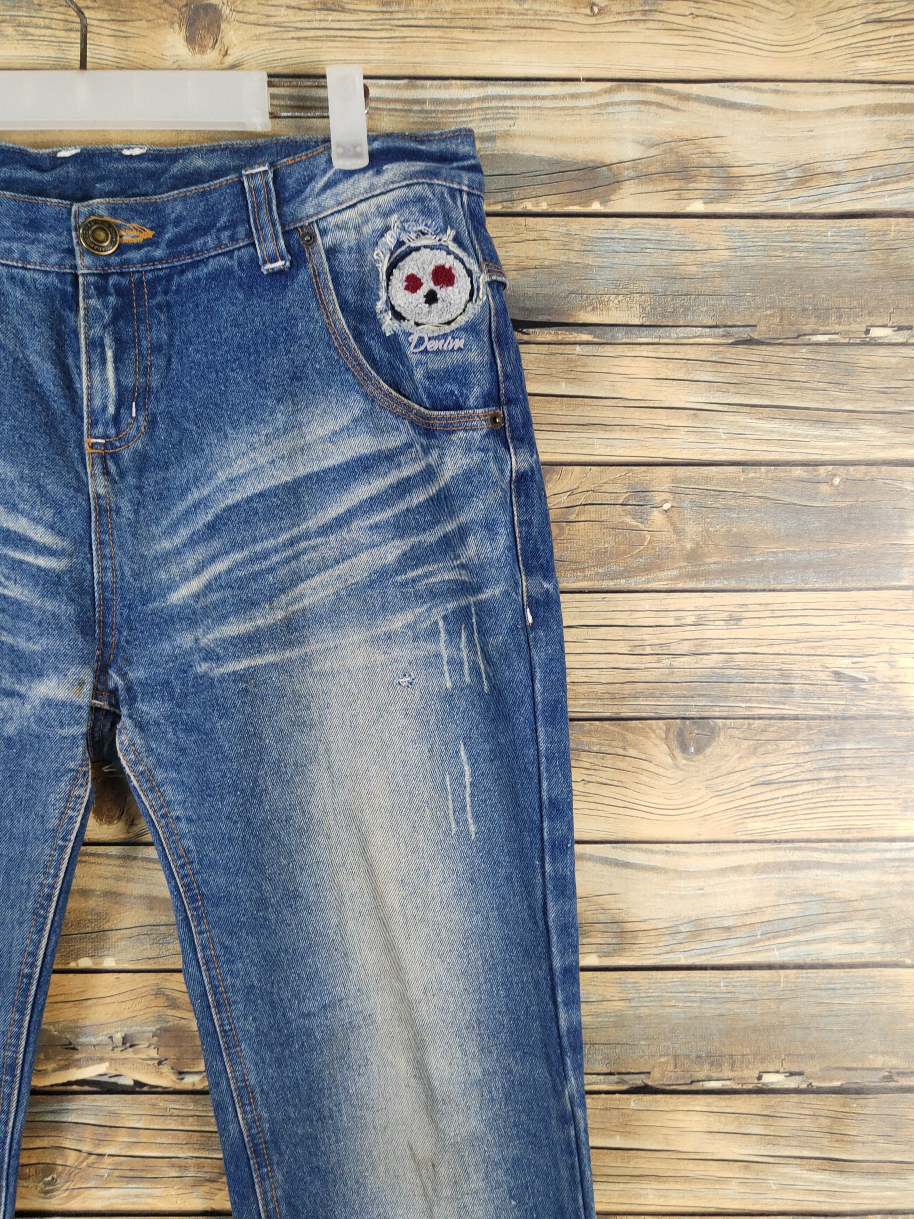 Japanese Brand Japan skull Blue Distressed Ripped denim Jeans #W1306 Size 33" - 6 Thumbnail