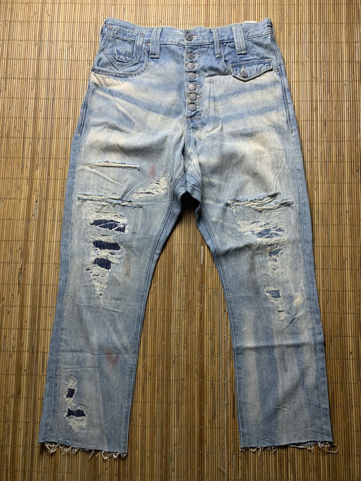 image of If Six Was Nine x Le Grande Bleu L G B Bonds & Peace High Waisted Distressed Jeans in Blue (Size 33