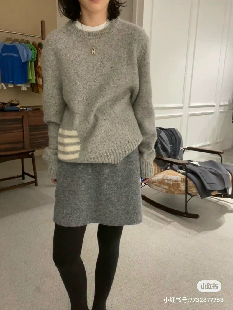 Thom Browne Thom browne Gray four-striped round-neck wool horsehair swe Size US M / EU 48-50 / 2 - 7 Thumbnail
