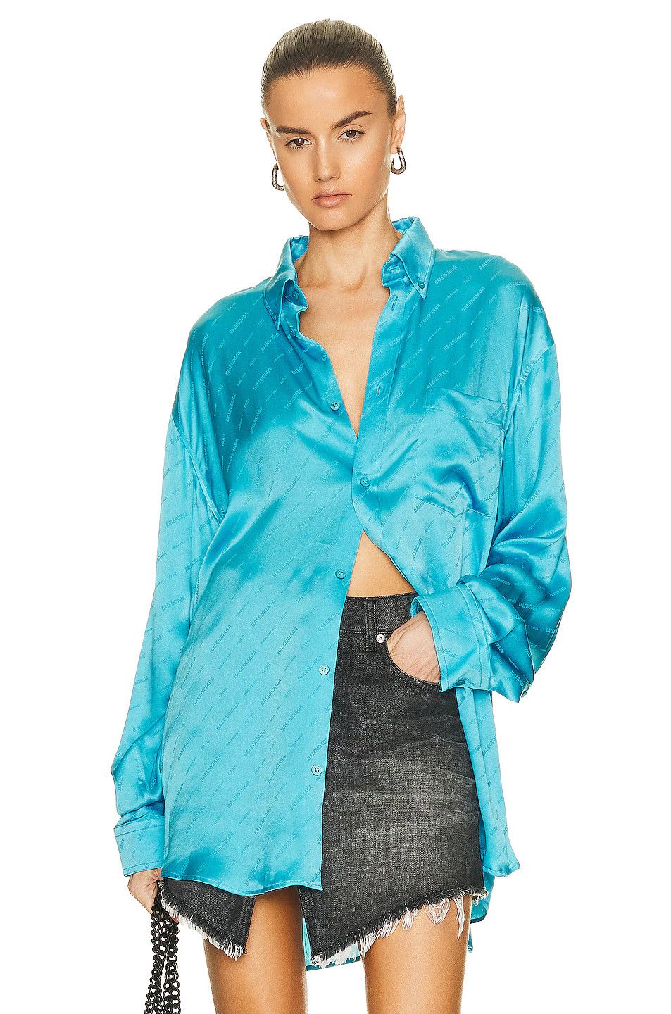 Balenciaga o1y0625 Silk Patterned Shirt in Azure Size M / US 6-8 / IT 42-44 - 5 Thumbnail