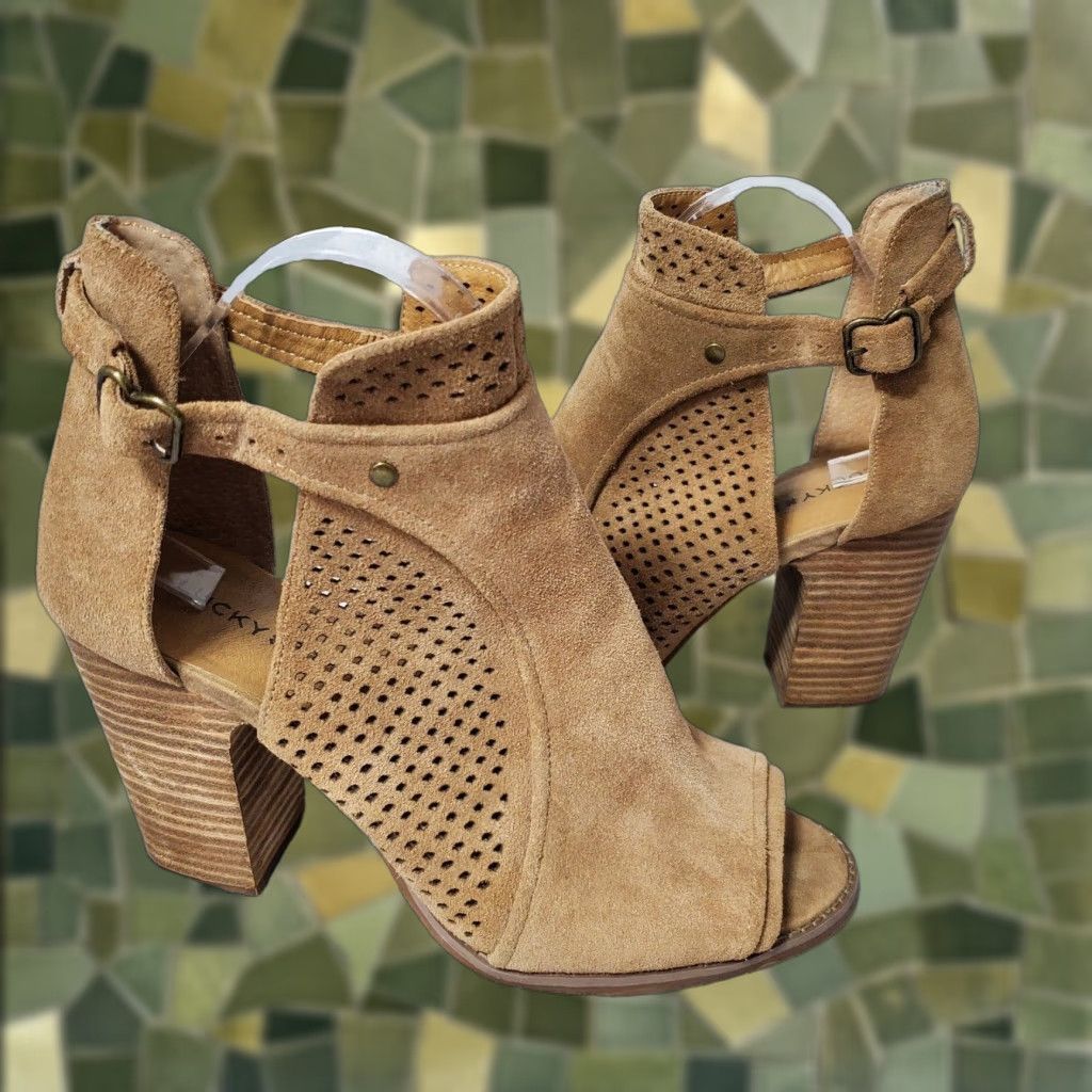 Lucky Brand Laarni Bootie Womens Us 10M Brown Suede Leather Peep-Toe High Heel Shoes