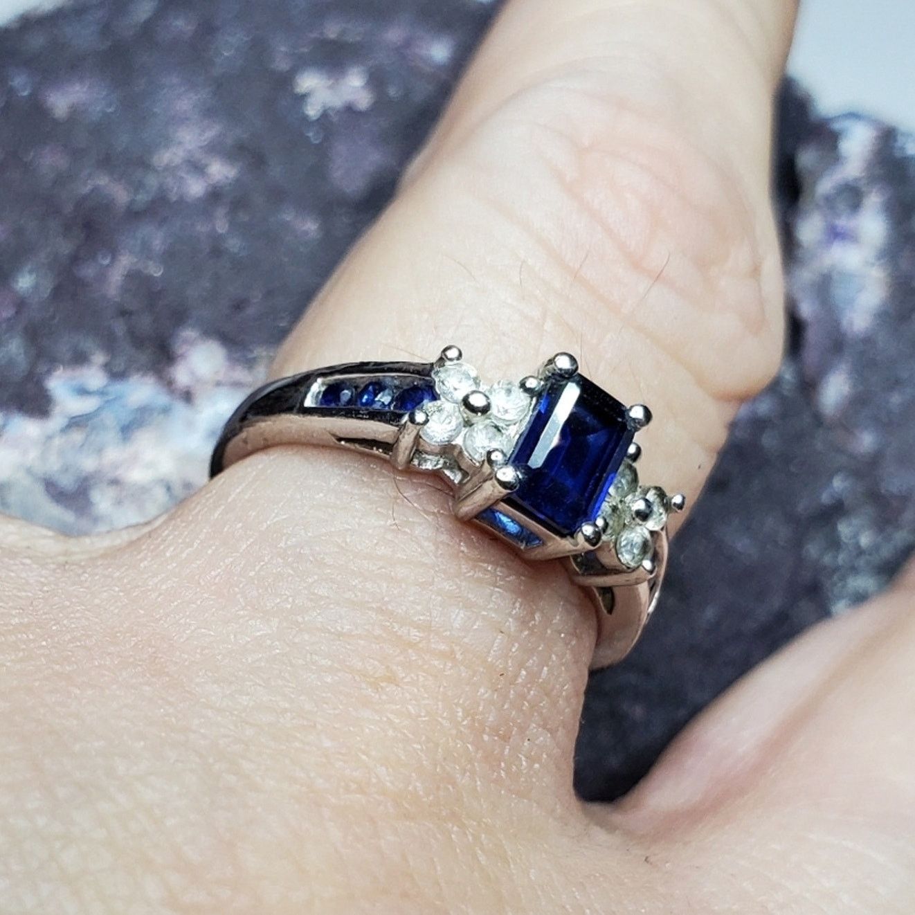 Sterling Silver 925 Sterling Silver Deep Blue Sapphire Faux Diamond Ring Size ONE SIZE - 8 Thumbnail