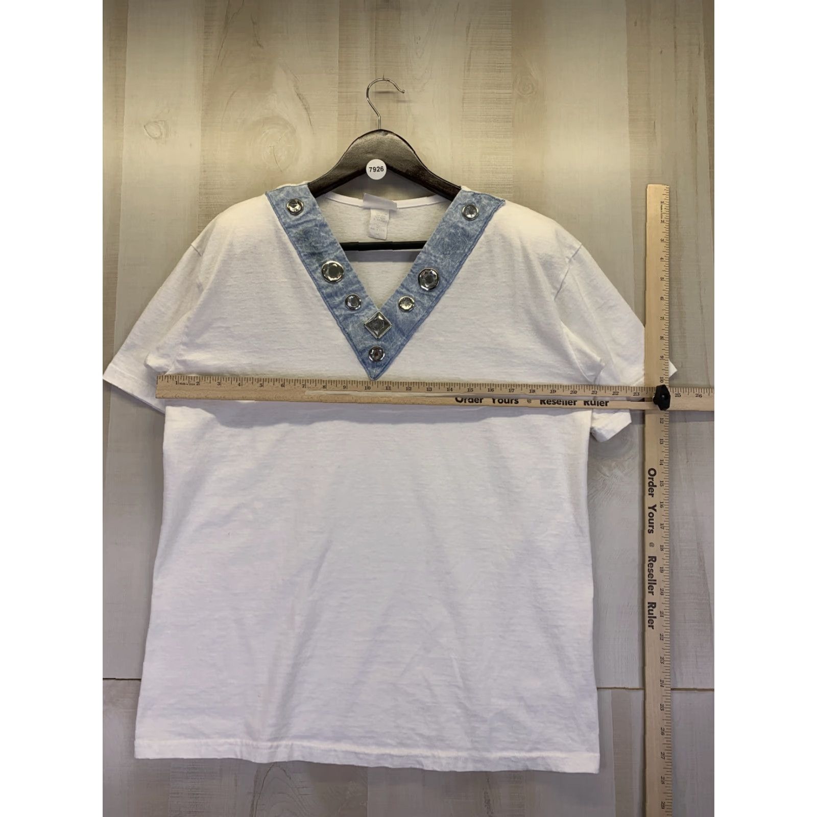 Denime VINTAGE 1990s Made in USA Faux Denim Jewled Collar Womens Shirt L White/Blue 1990s Womens Shirt Size L / US 10 / IT 46 - 6 Thumbnail