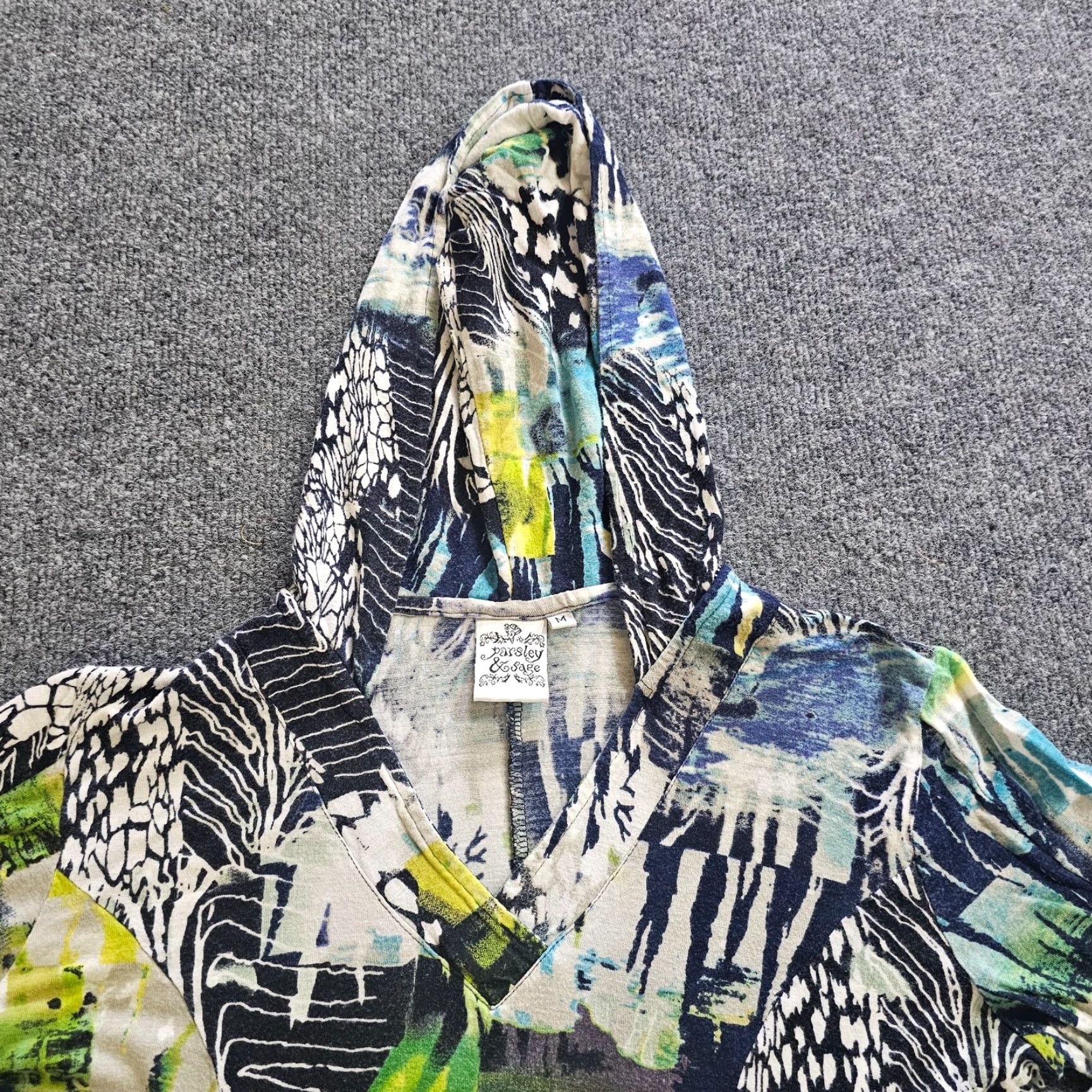 Vintage Parsley and Sage Top Tunic Womens Medium Black Hooded V-Neck Abstract Art Casual Shirt Size M / US 6-8 / IT 42-44 - 2 Thumbnail