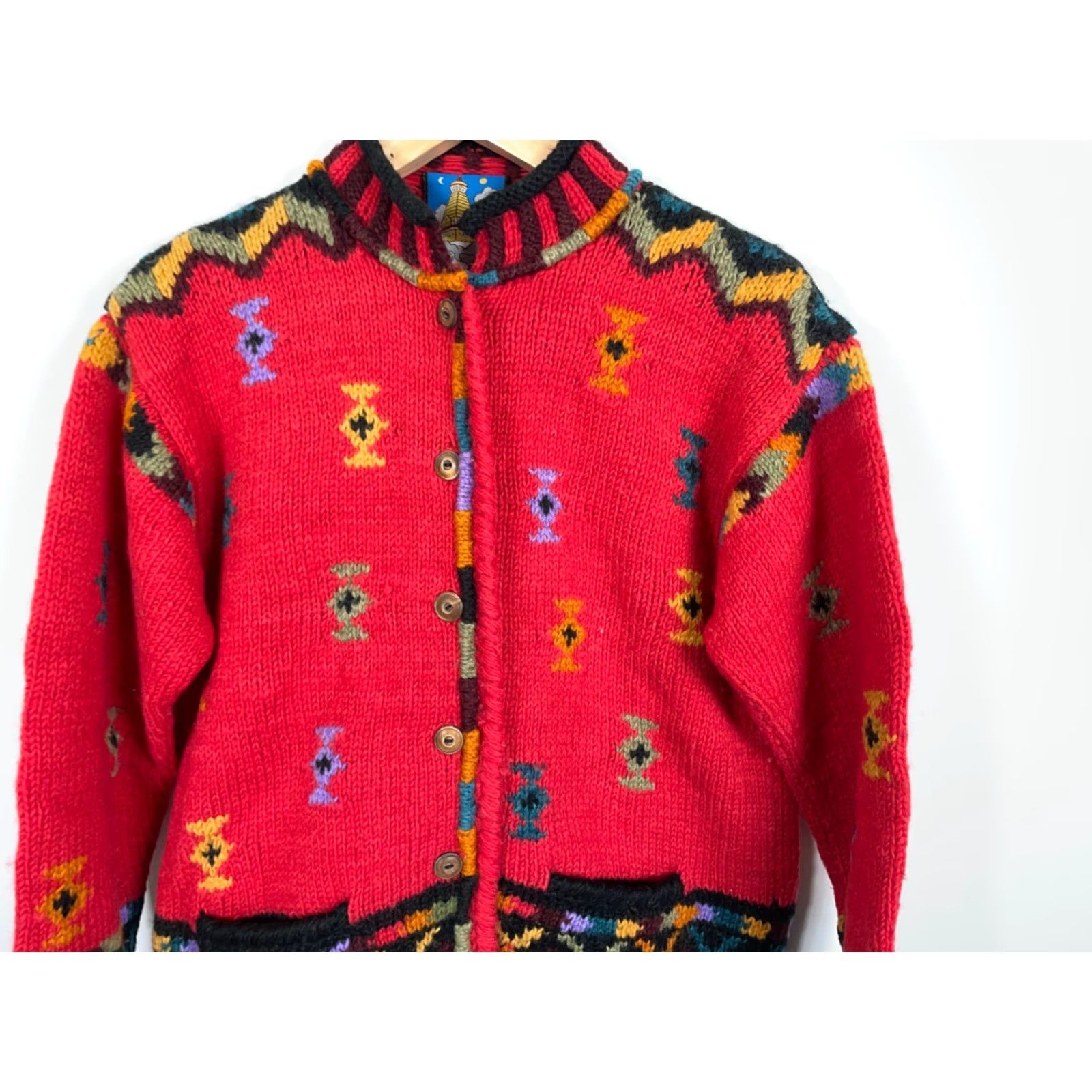 Vintage VINTAGE Icelandic Design Cardigan Women’s Small/Medium Red Geometric Knit Wool Crew Neck Long Sleeve Size M / US 6-8 / IT 42-44 - 4 Thumbnail