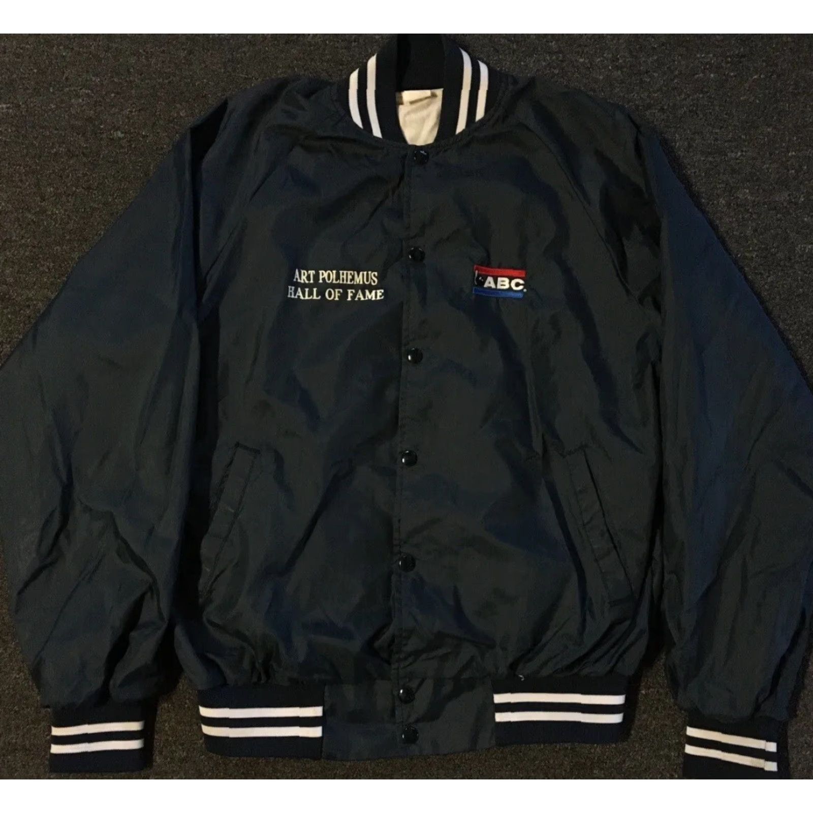 Vintage VINTAGE Motorcycle Jacket Mens S Blue Satin Bomber 80s 90s Grunge Bowling Hall Of Fame USA Pool Bar Rockabilly Western Arizona Chicago? Size US S / EU 44-46 / 1 - 2 Thumbnail