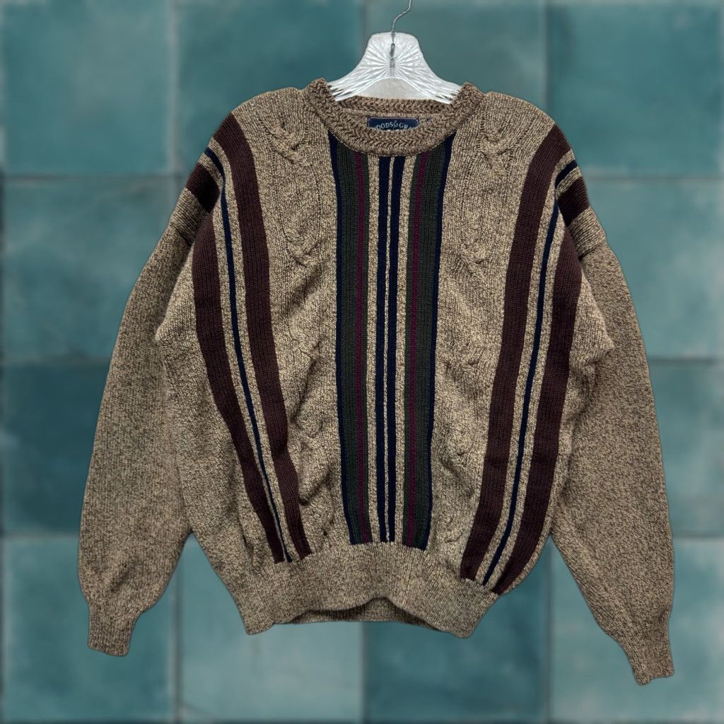 Vintage 80s 90s Vintage Striped Sweater Medium Tan Knit Pullover Grandpa Cosby Rugby Woods & Gray M Brown Casual Grunge Mens Size US M / EU 48-50 / 2 - 1 Thumbnail