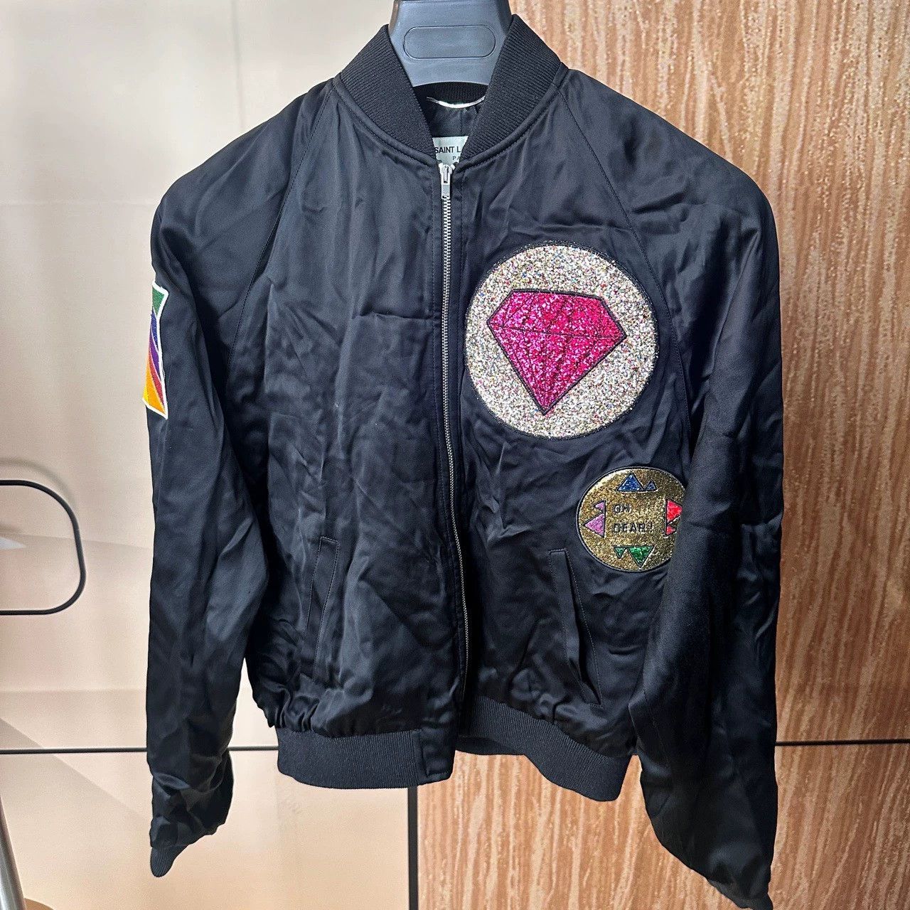 Saint Laurent Paris Sparkling Pink Diamond Baseball Jacket