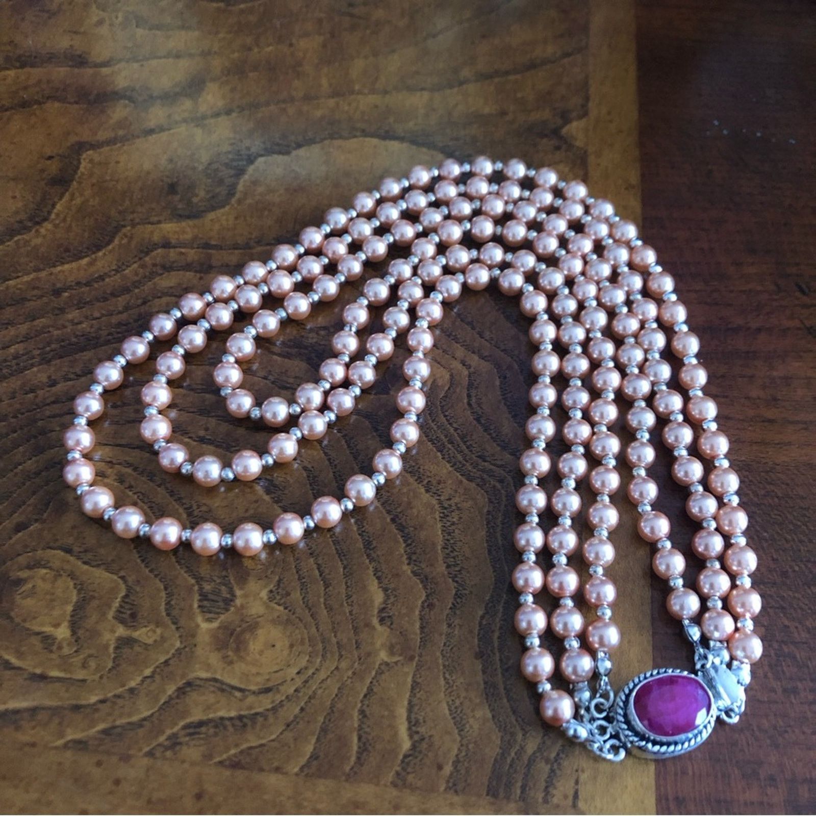 Handmade Handcrafted triple strand Czech Pearl genuine ruby neckla Size ONE SIZE - 10 Thumbnail