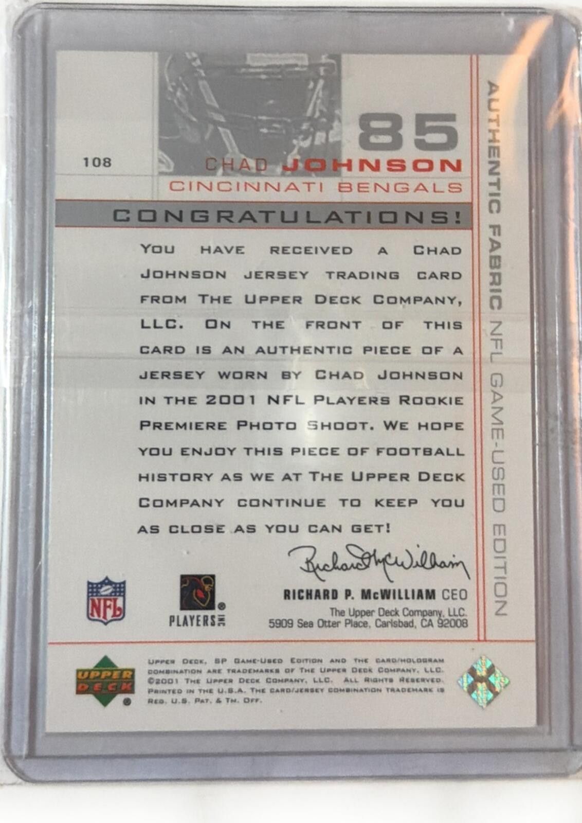 Other 2001 Upper Deck SP Game Used Chad Johnson Rookie Jersey #108 Size ONE SIZE - 2 Thumbnail