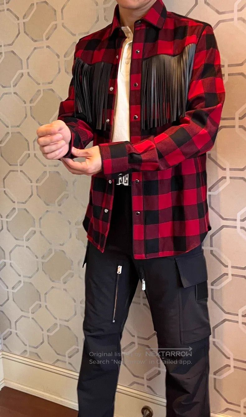 Valentino Valentino Black and red plaid sheepskin fringed wool shirt Size US M / EU 48-50 / 2 - 1 Thumbnail