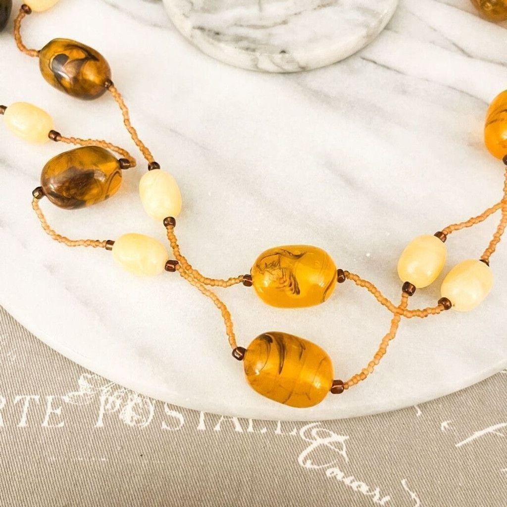 Jewelry Chunky Amber Acrylic Bead Necklace 2 Strand Layered Brown Size ONE SIZE - 2 Thumbnail