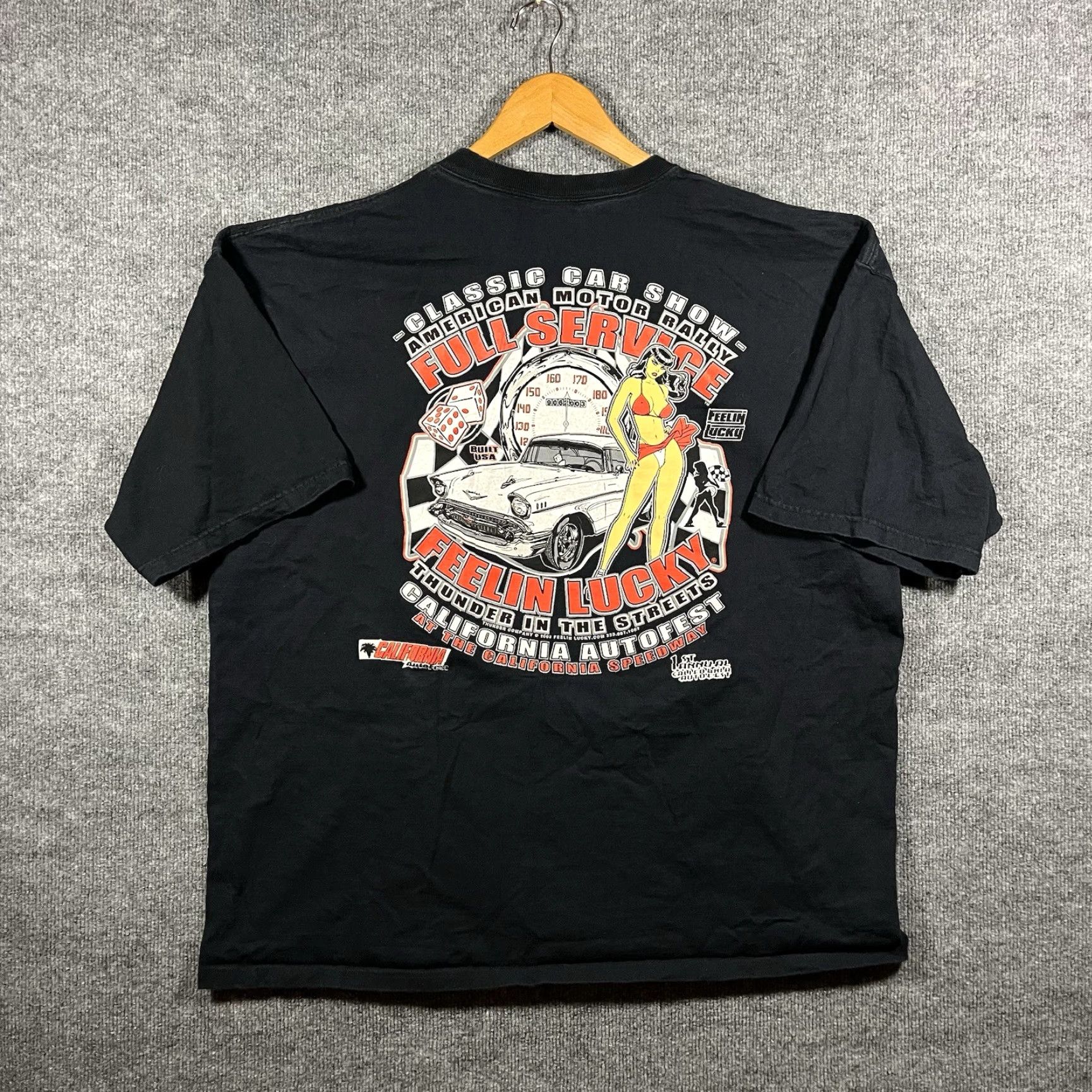 Vintage VINTAGE Feelin Lucky Full Service Pit Pinup Girl Tee Shirt Mens 3XL Black Biker Shirt 90s Size US XXL / EU 58 / 5 - 2 Thumbnail