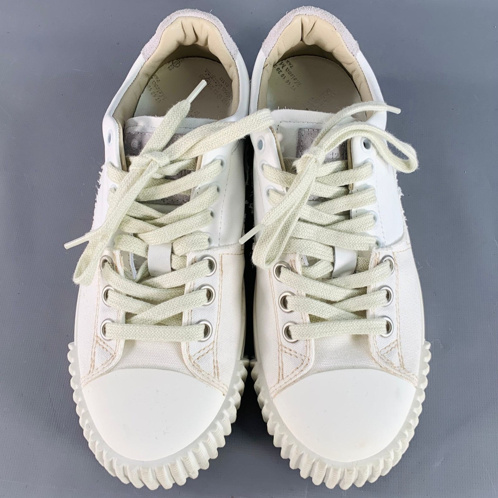Maison Margiela 5 White Leather Canvas Distressed Low Top Sneakers Size US 5 / EU 37 - 4 Thumbnail