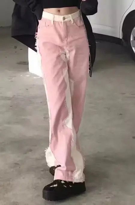 image of Retro Women's Jeans Pink High Street Hip Hop Stitching (Size 31)