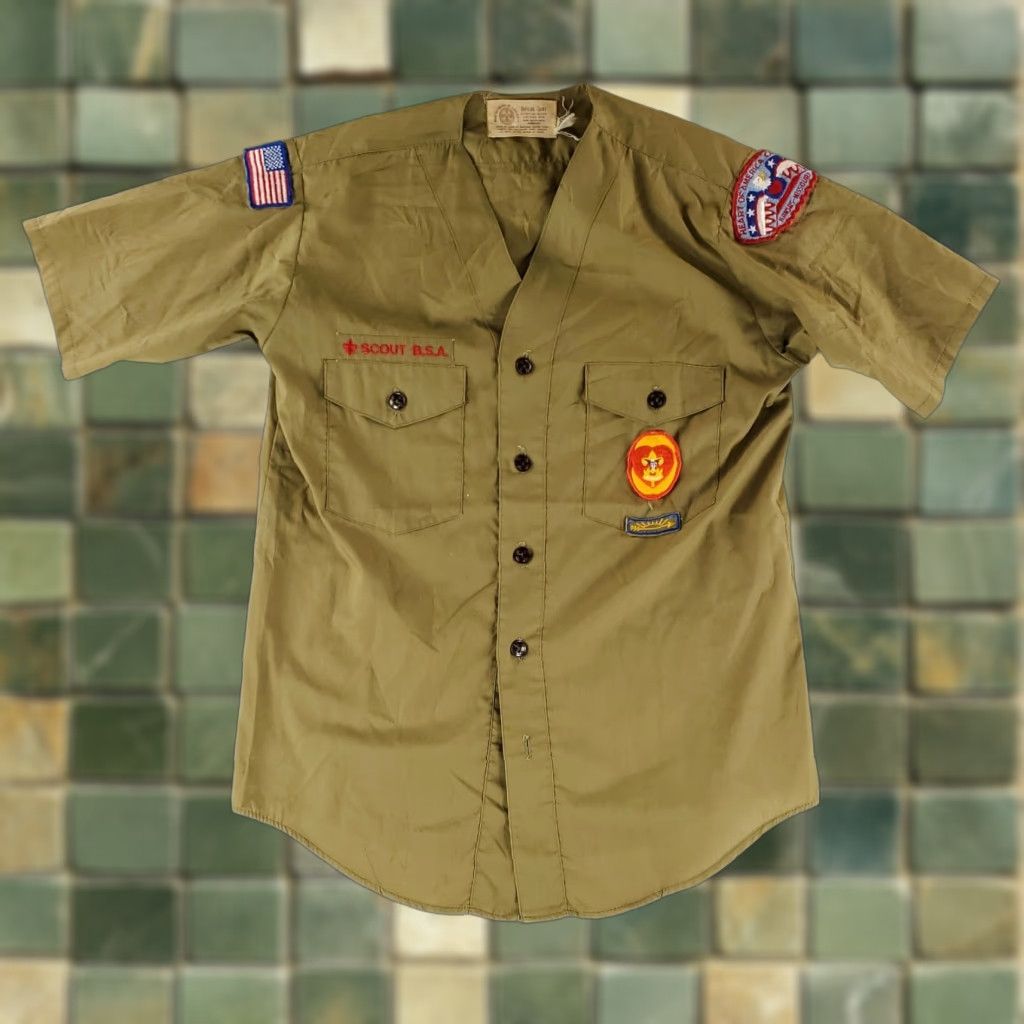 Vintage VINTAGE Boy Scouts America Shirt Short Sleeve Green Mens M 70s Coll arless Summer - Missing button stains patches sewn on Size US M / EU 48-50 / 2 - 1 Thumbnail