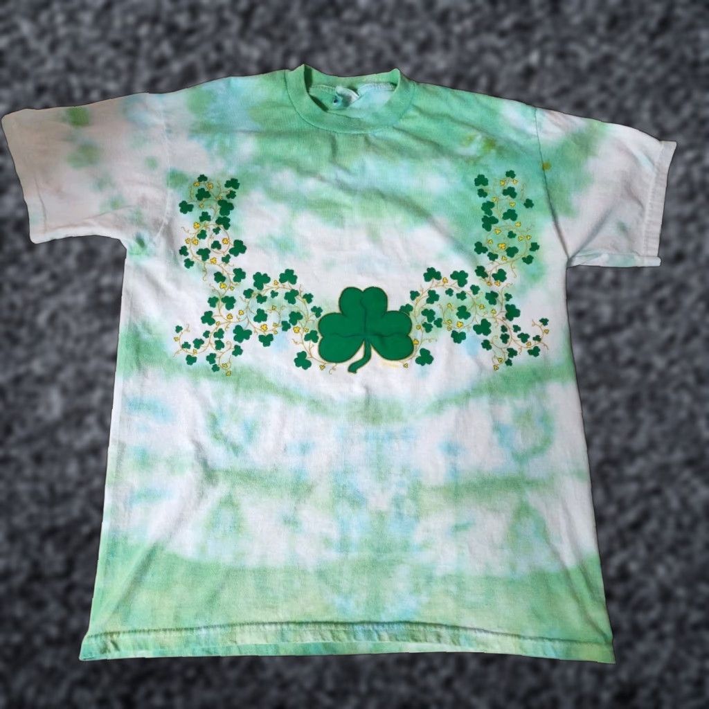 Jerzees VINTAGE Jerzees T-Shirt Mens L Green 90s Tie Dye Four Leaf Clover Graphic Print Crew Neck Short Sleeve Canvas Cotton Size US L / EU 52-54 / 3 - 1 Thumbnail