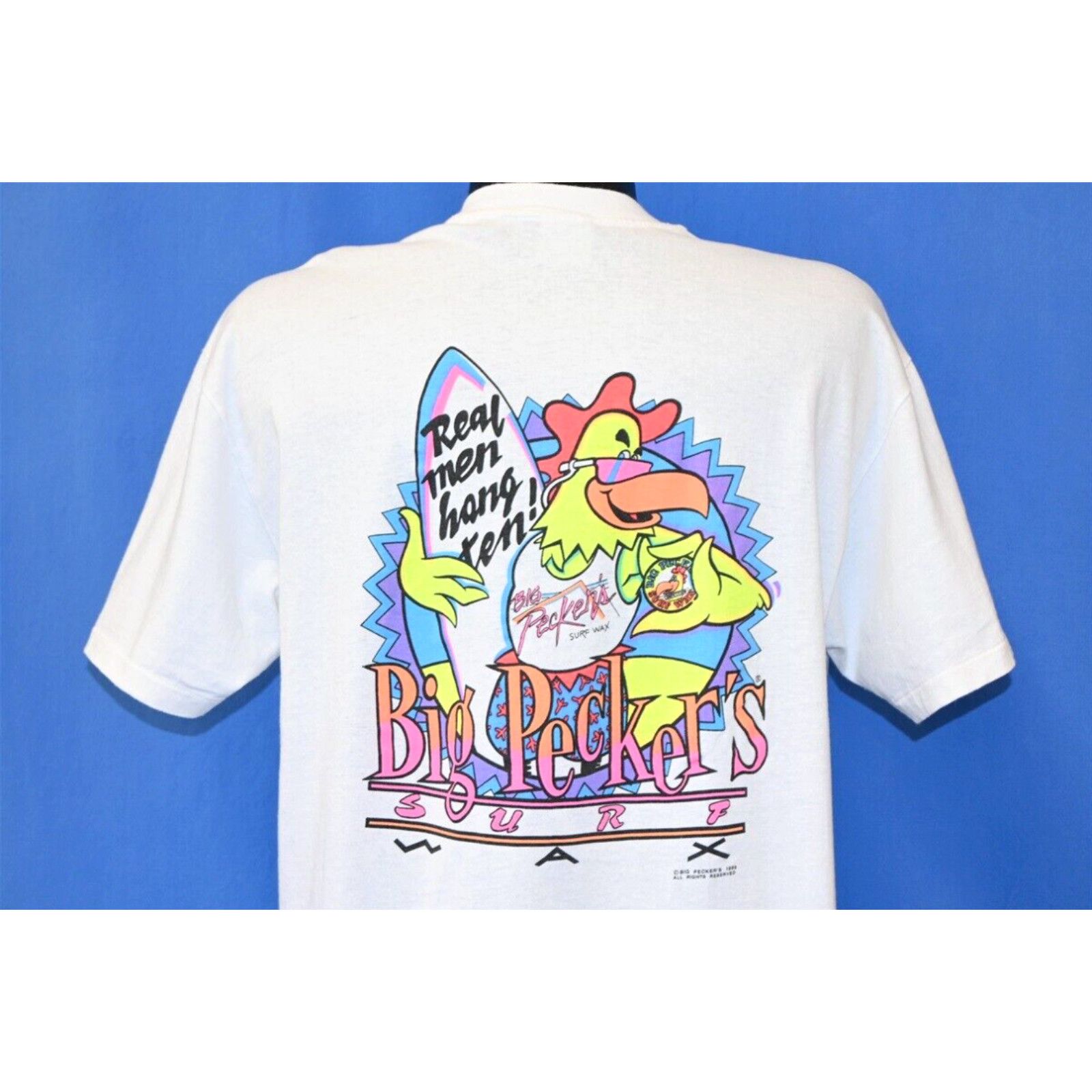 image of Vintage 80's Big Peckers Surf Wax Real Men Hang Ten Funny Chicken T-Shirt XL in White