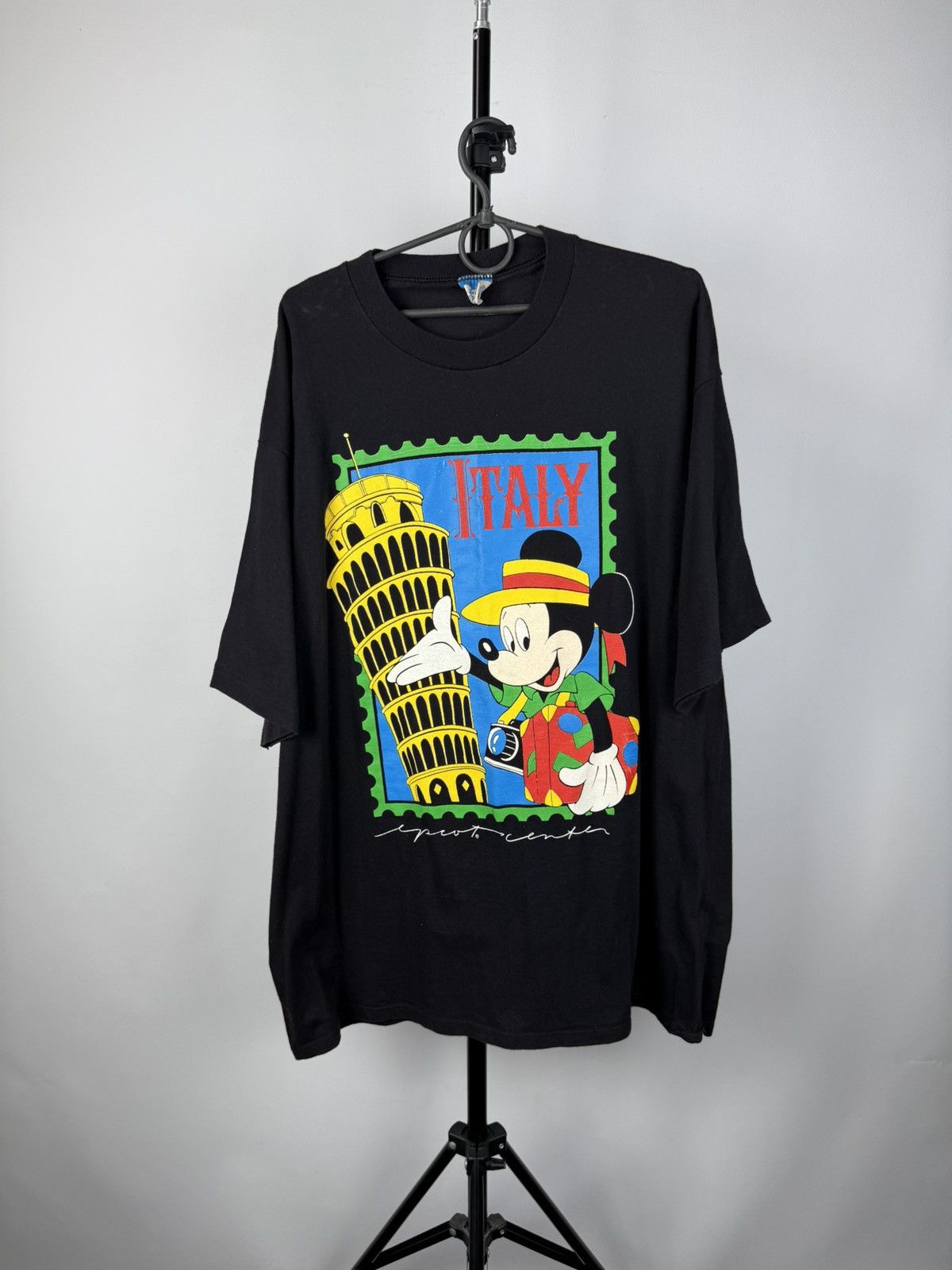 1980s Disney Italy Tower Mickey Mouse Black Tee Shirt mens