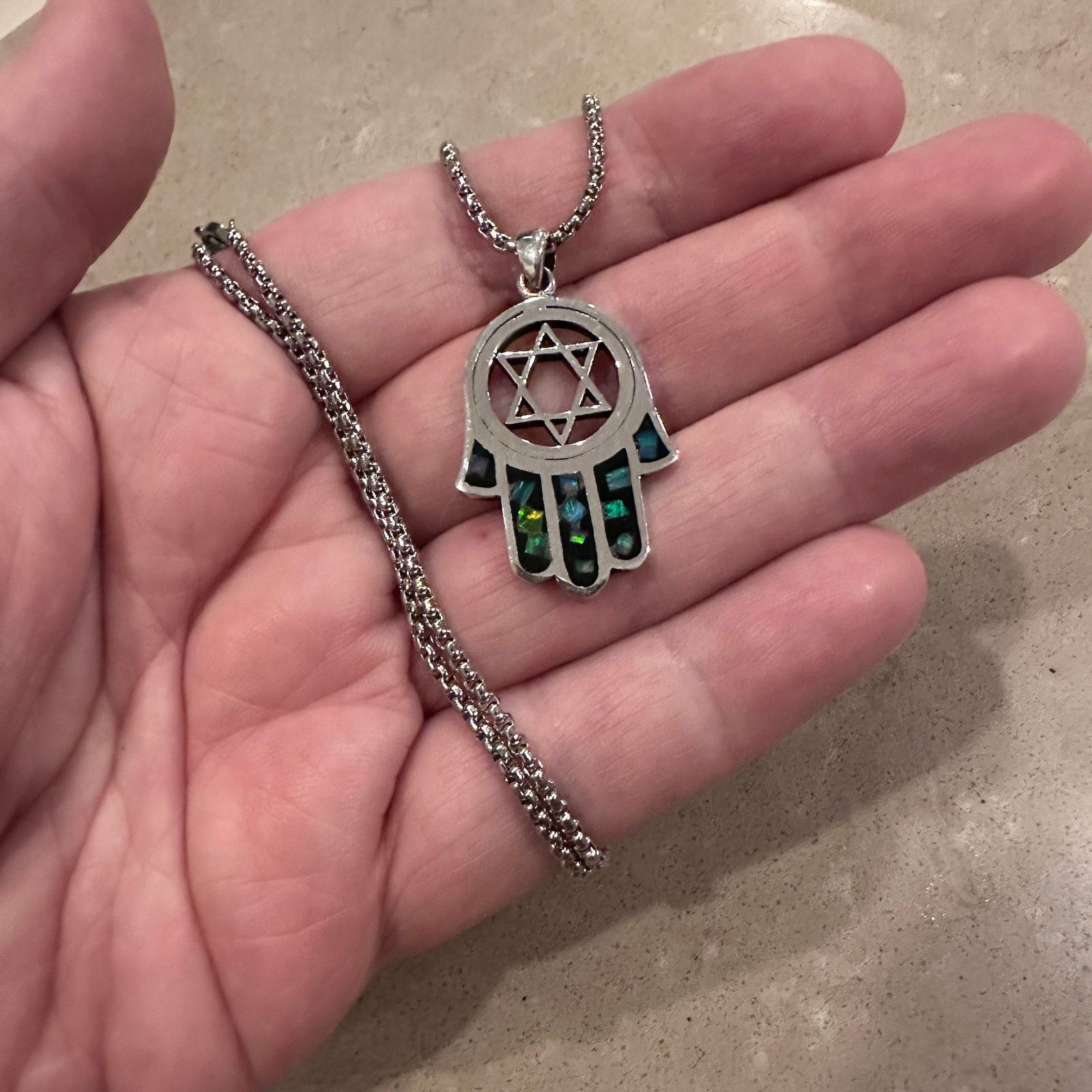 The Unbranded Brand Sterling Silver Hamsa Pendant with Lab Opal & Star of David Size ONE SIZE - 5 Thumbnail
