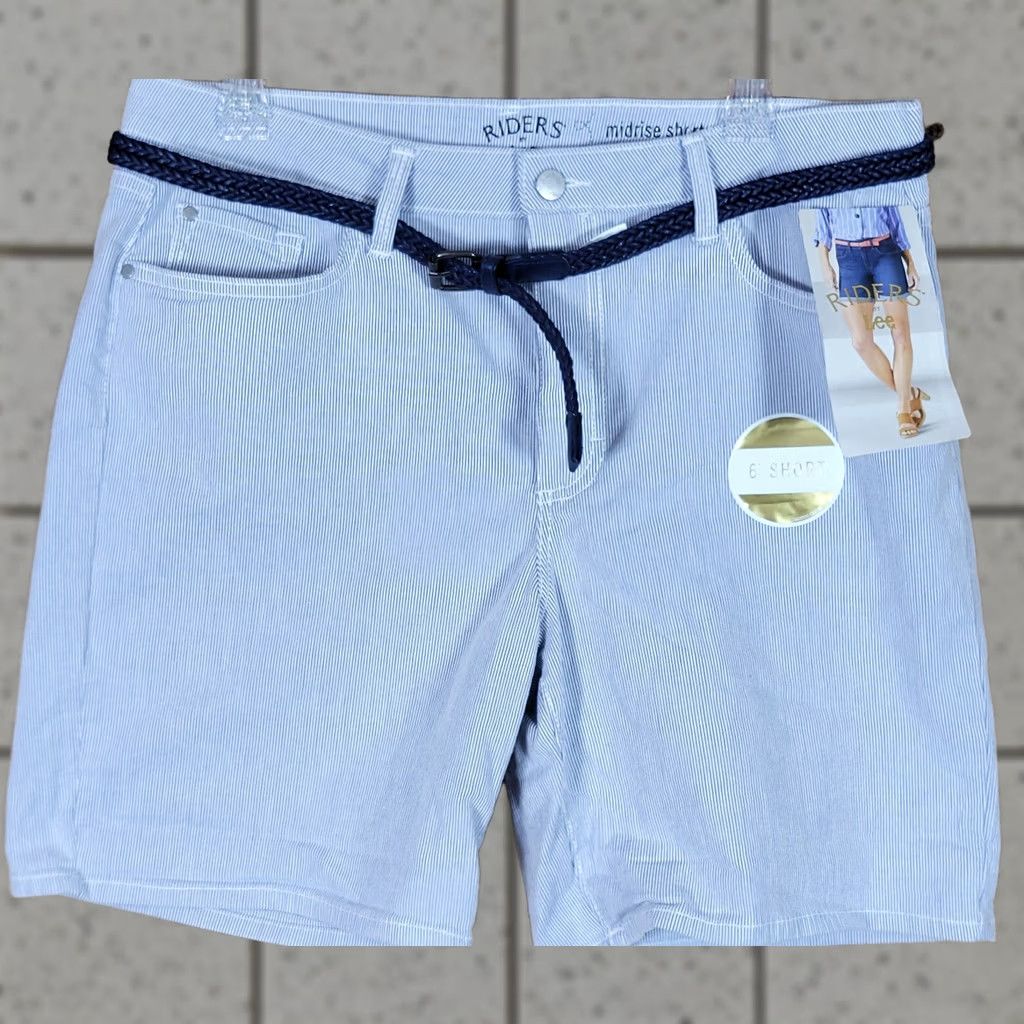 Lee Lee Riders Shorts Womens Size 14 Medium Navy White Stripe Flat Front Casual Belt Size 36" / US 14 / IT 50 - 1 Thumbnail