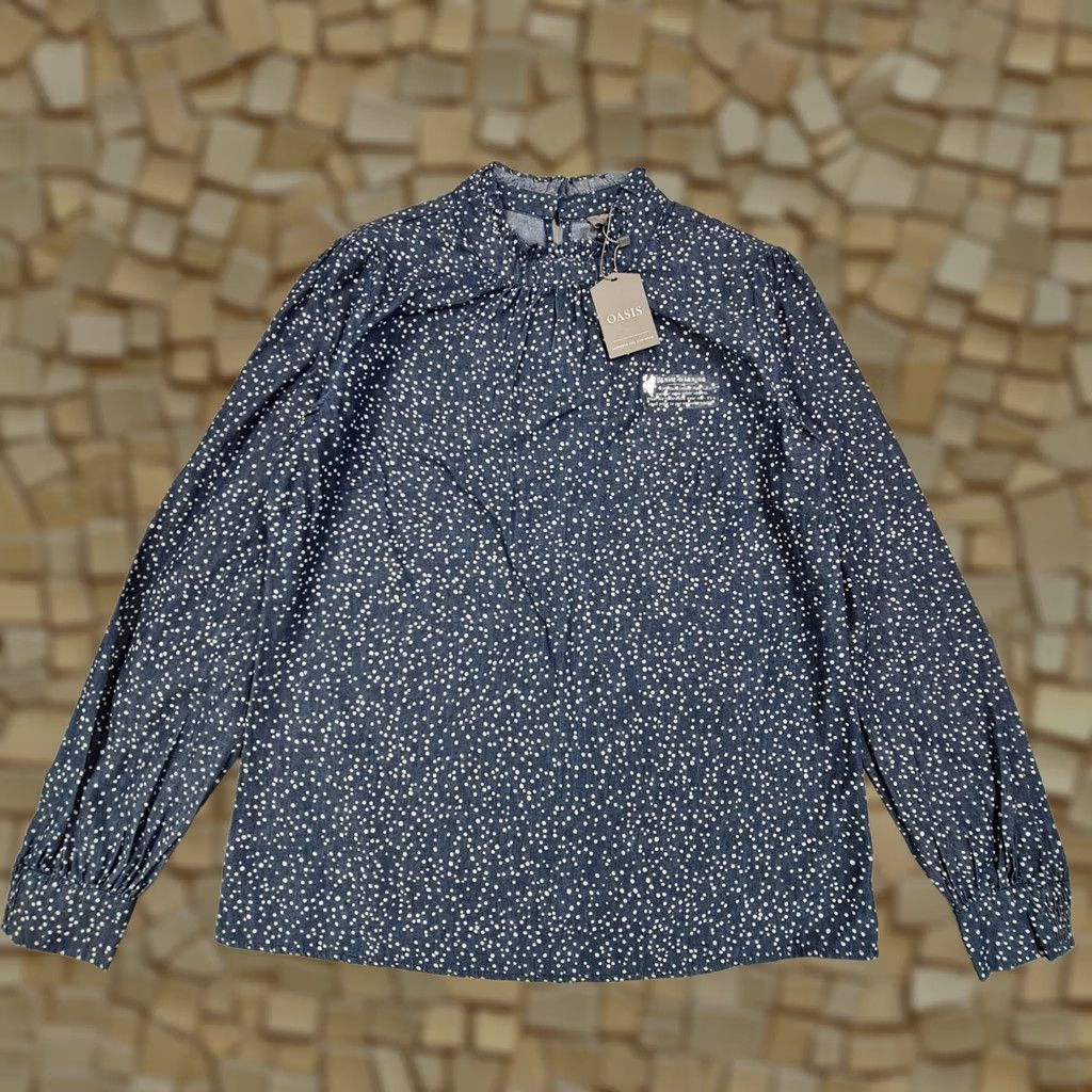 Vintage OASIS Blouse Womens Polka Dot Blue 12 UK Long Sleeve Cotton Top Size XL / US 12-14 / IT 48-50 - 1 Thumbnail