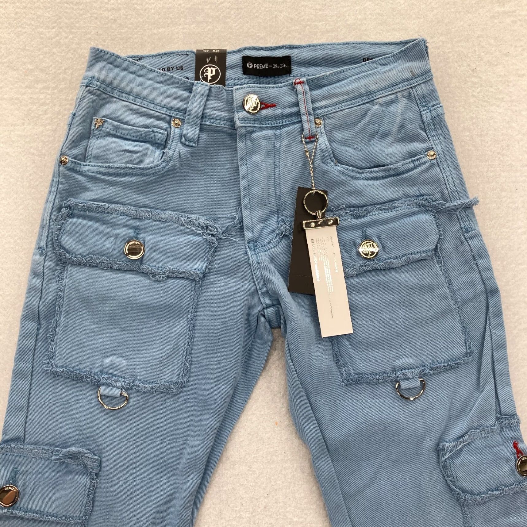Vintage Preme Jeans Mens 28x33 Semi Stacked Fit Cargo Utility Blue Distressed Denim Y2K Jeans Mens Regular Blue Distressed Y2K Size US 28 / EU 44 - 2 Thumbnail