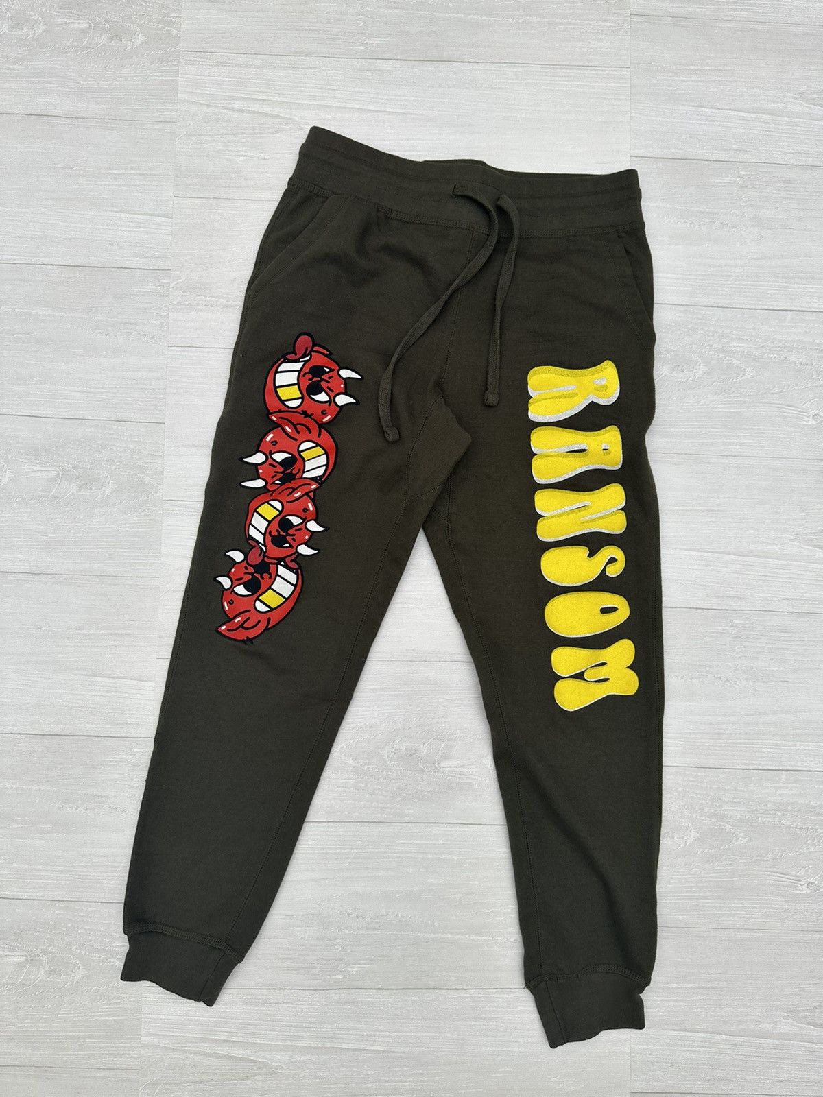 image of Ransom Clothing Puff Print Devil Logo Sweatpants Joggers in Green, Men's (Size 32)