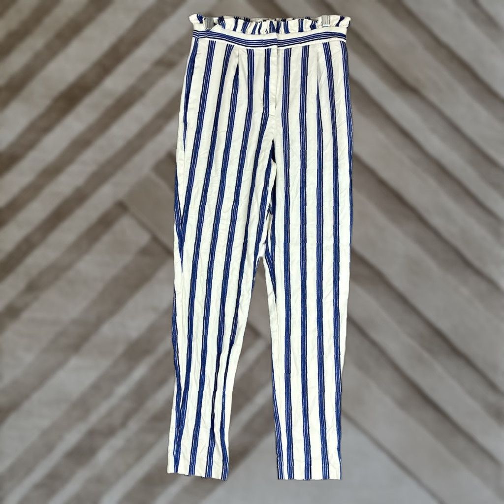 Express Express Womens Pants Striped Ankle High Rise 00R Blue Cream Stretch Size 24" / US 00 / IT 34 - 1 Thumbnail