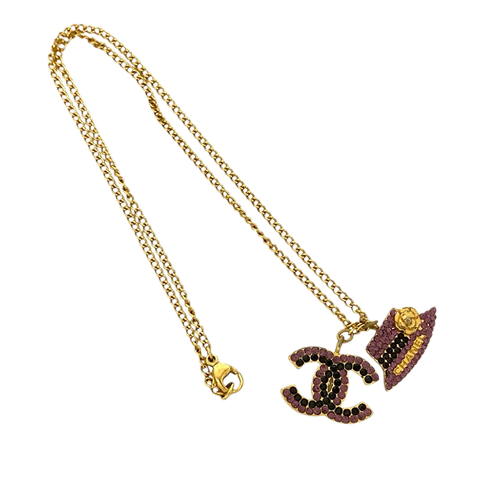 Chanel Chanel Gold Plated Rhinestone CC and Camellia Hat Pendant Necklace Size ONE SIZE - 1 Thumbnail