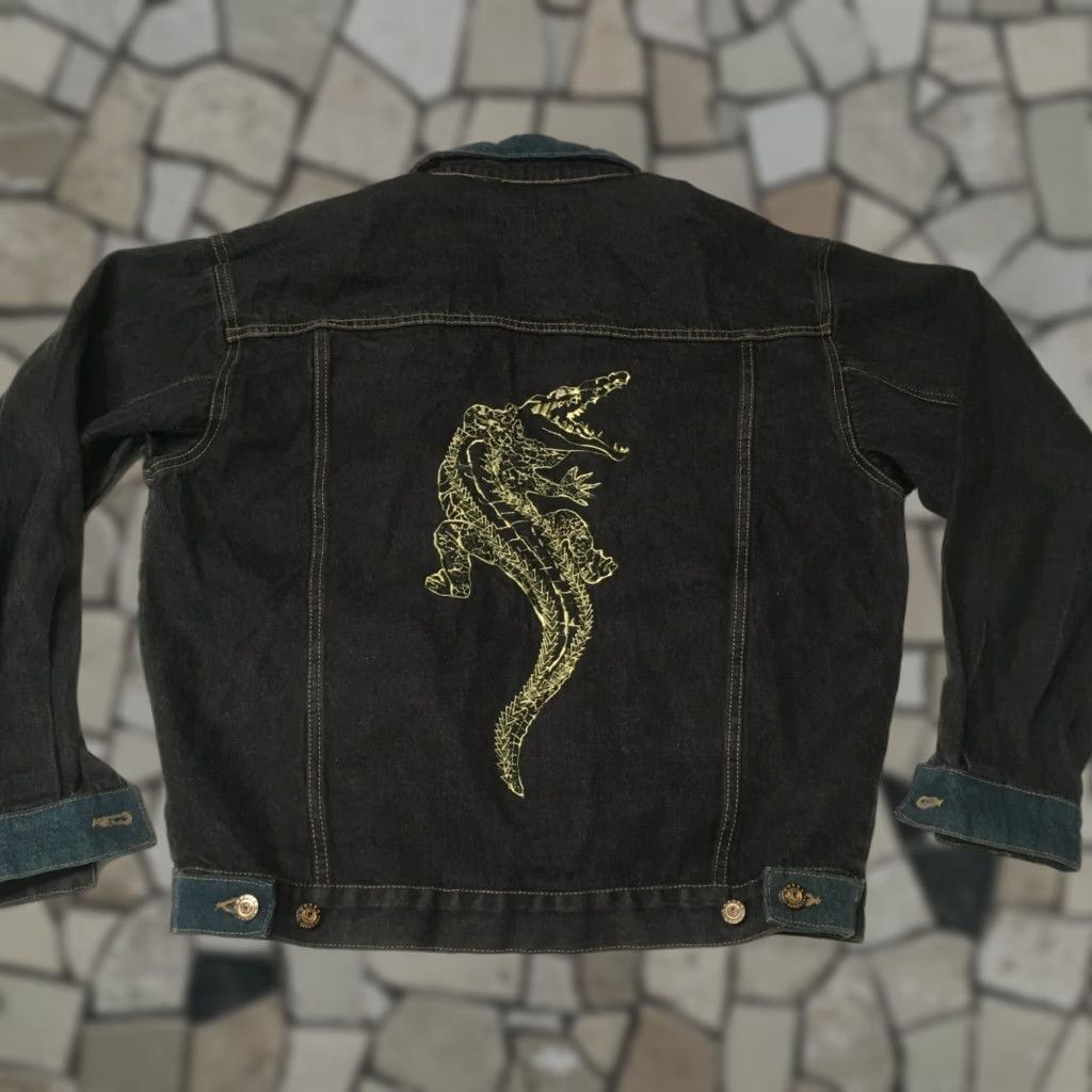 Denime El General Denim Embroidered Jacket Men S Gray Jean Jacket Embroidered Croc Gator 90s Vintage Style Mens Sized S Size US 29 - 1 Thumbnail