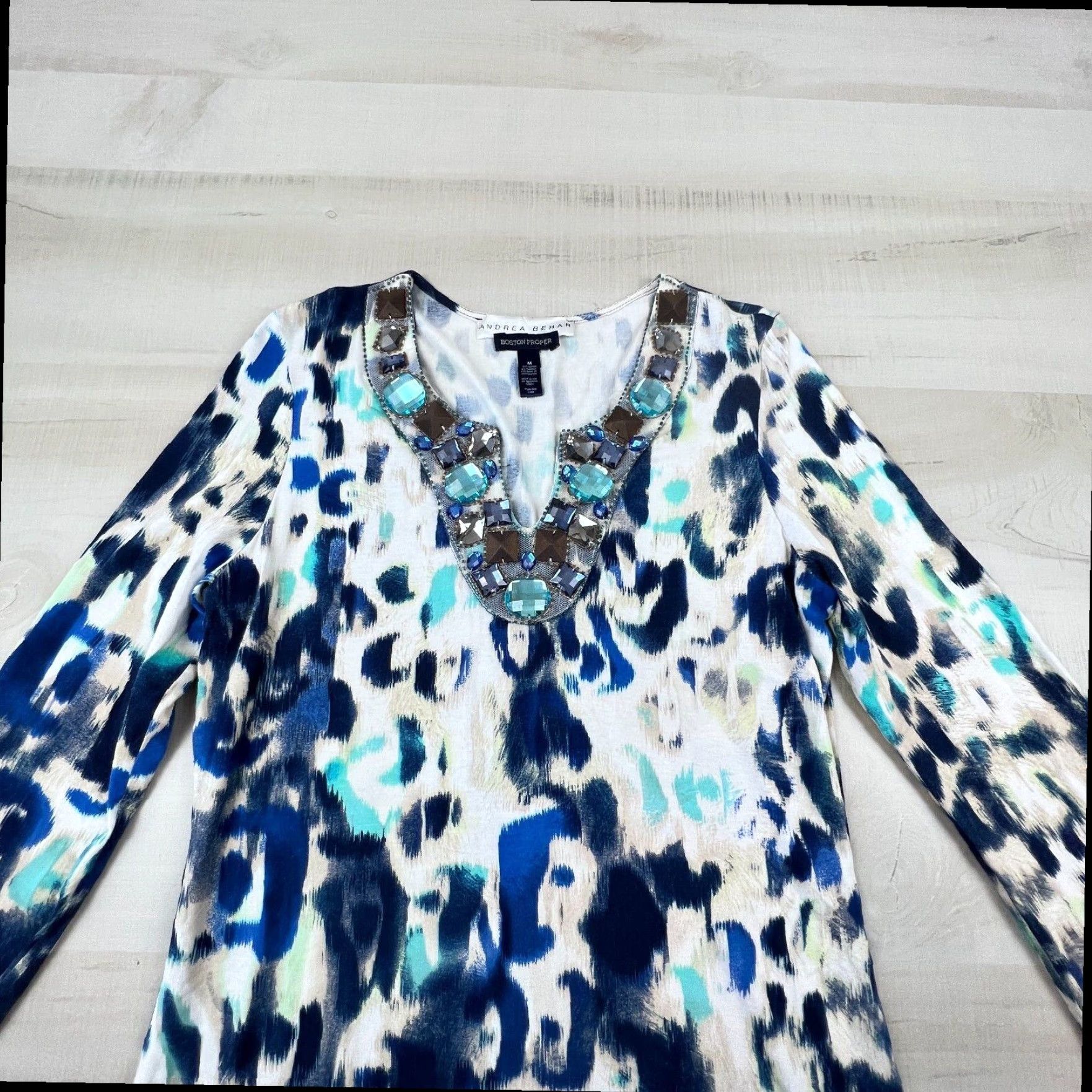 Vintage Andrea Behar White Blue Rhinestone Sheath Dress Womens Medium Long Sleeve Size M / US 6-8 / IT 42-44 - 2 Thumbnail
