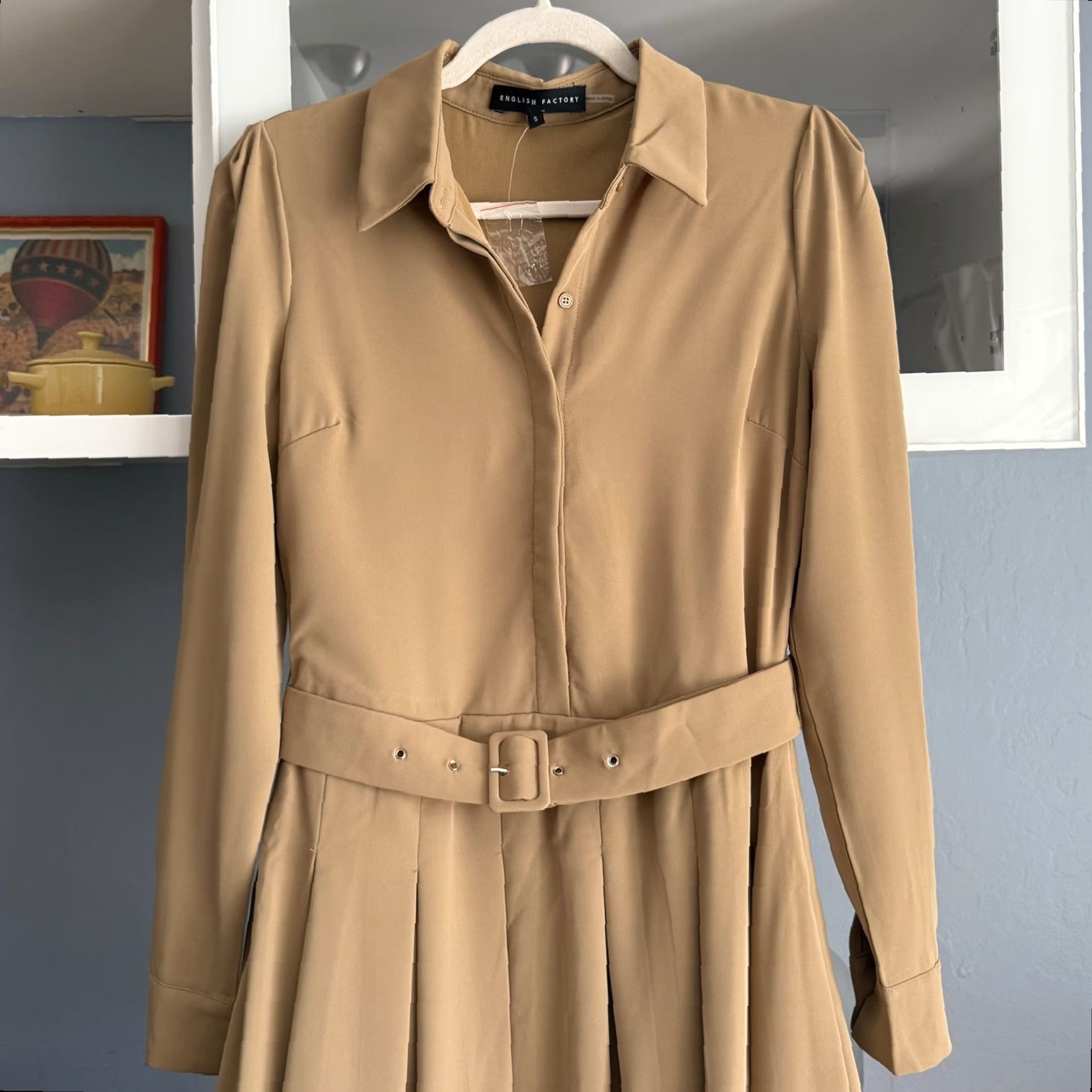 English Factory English Factory Dress Adult S Camel Pleated Collared Long Sleeve Midi Womens Size S / US 4 / IT 40 - 3 Thumbnail