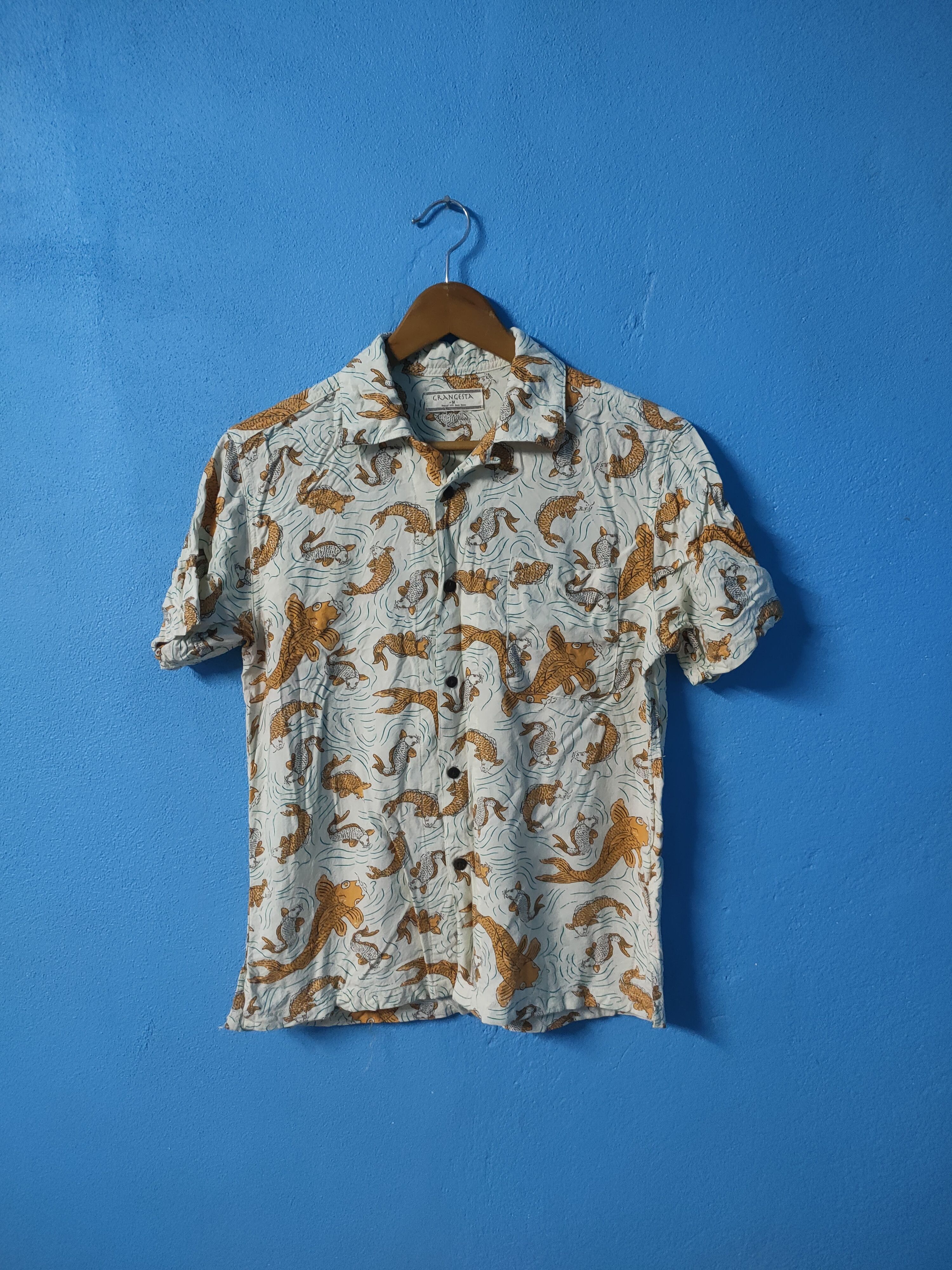 vintage rayon hawaiian koi fullprint button up shirt