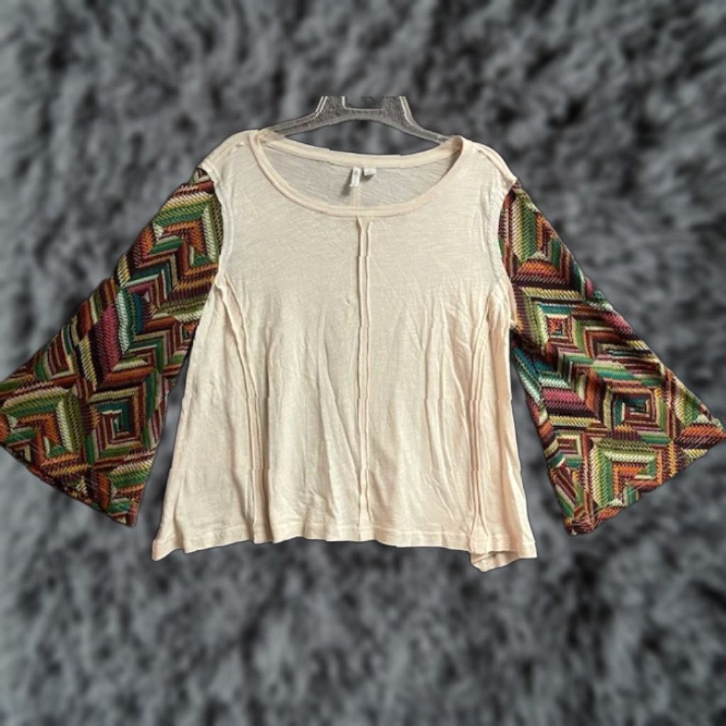Vintage VINTAGE 90s Y2K Top Womens Medium Bell Sleeve Blouse Geometric Southwestern Fairy Grunge Hippie Boho Cotton Blend Jersey Beige Size M / US 6-8 / IT 42-44 - 1 Thumbnail