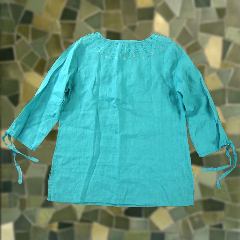 JM Collection JM Collection Beaded Teal Blue 100% Linen 3/4 Sleeve Tunic Blouse 10 Women Peasant Shirt Blouse Size L / US 10 / IT 46 - 1 Thumbnail