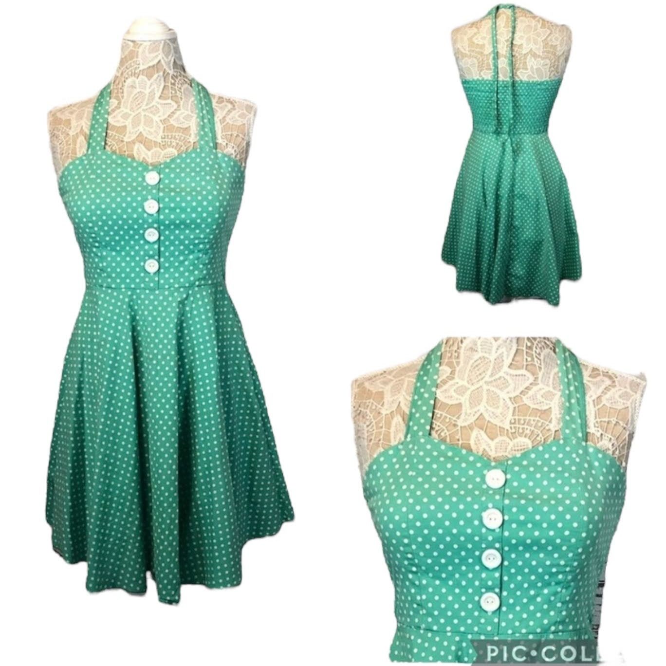 Vintage Sara U.S.A Vtg Retro Pin Up Halter Dress Green polkdot large Size L / US 10 / IT 46 - 1 Thumbnail