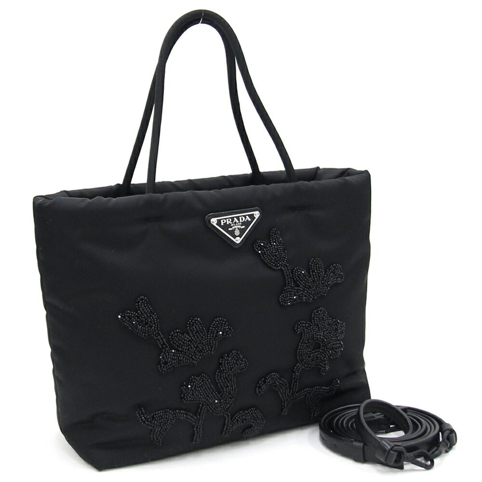 image of Prada Handbag 1Ba257 Black Nylon Leather Shoulder Bag Flower Beads Embroidery Ladies, Women's