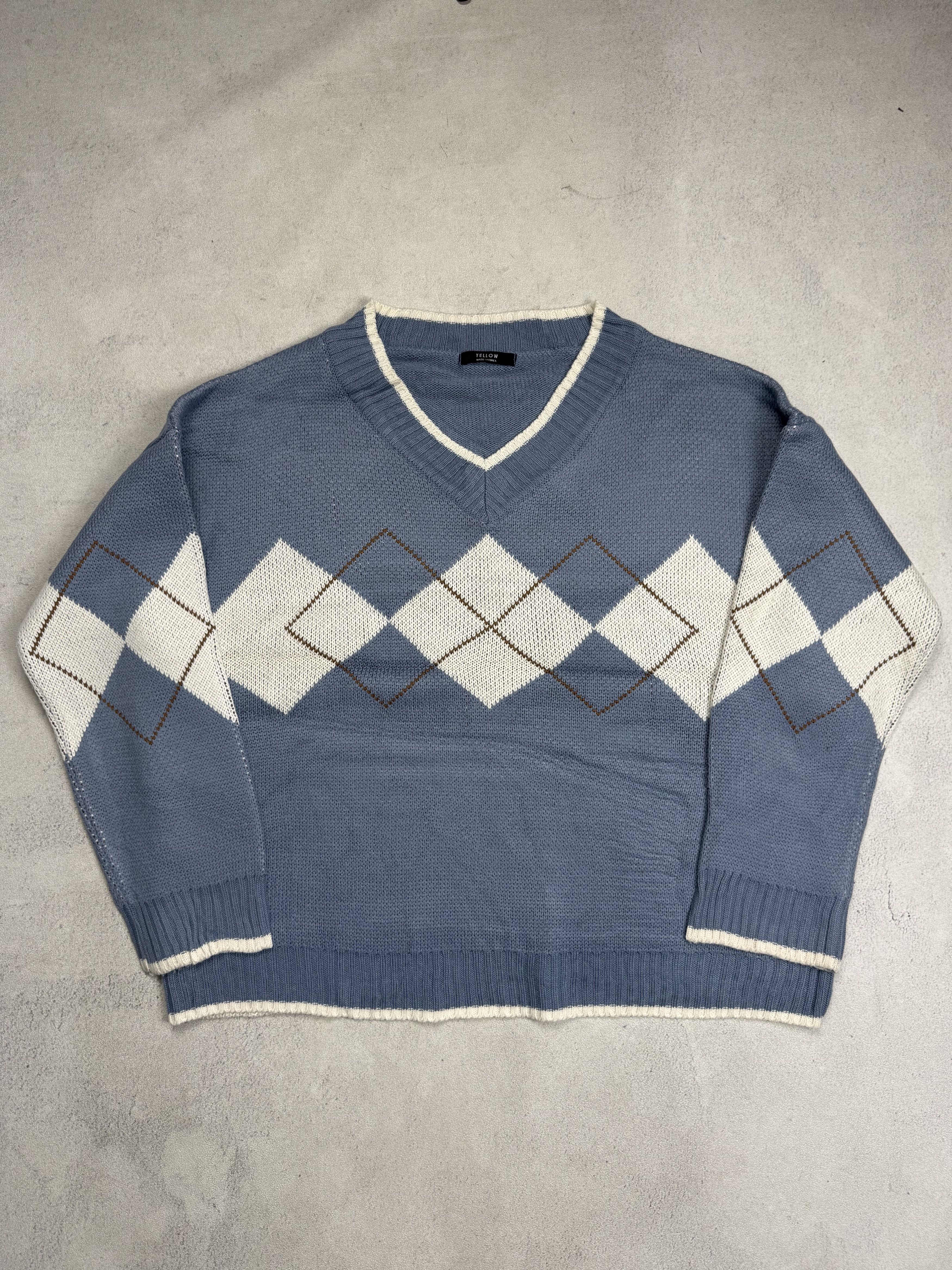 Vintage Vintage Argyle Knit Sweater Blue / White Diamond Pattern Size US L / EU 52-54 / 3 - 1 Thumbnail