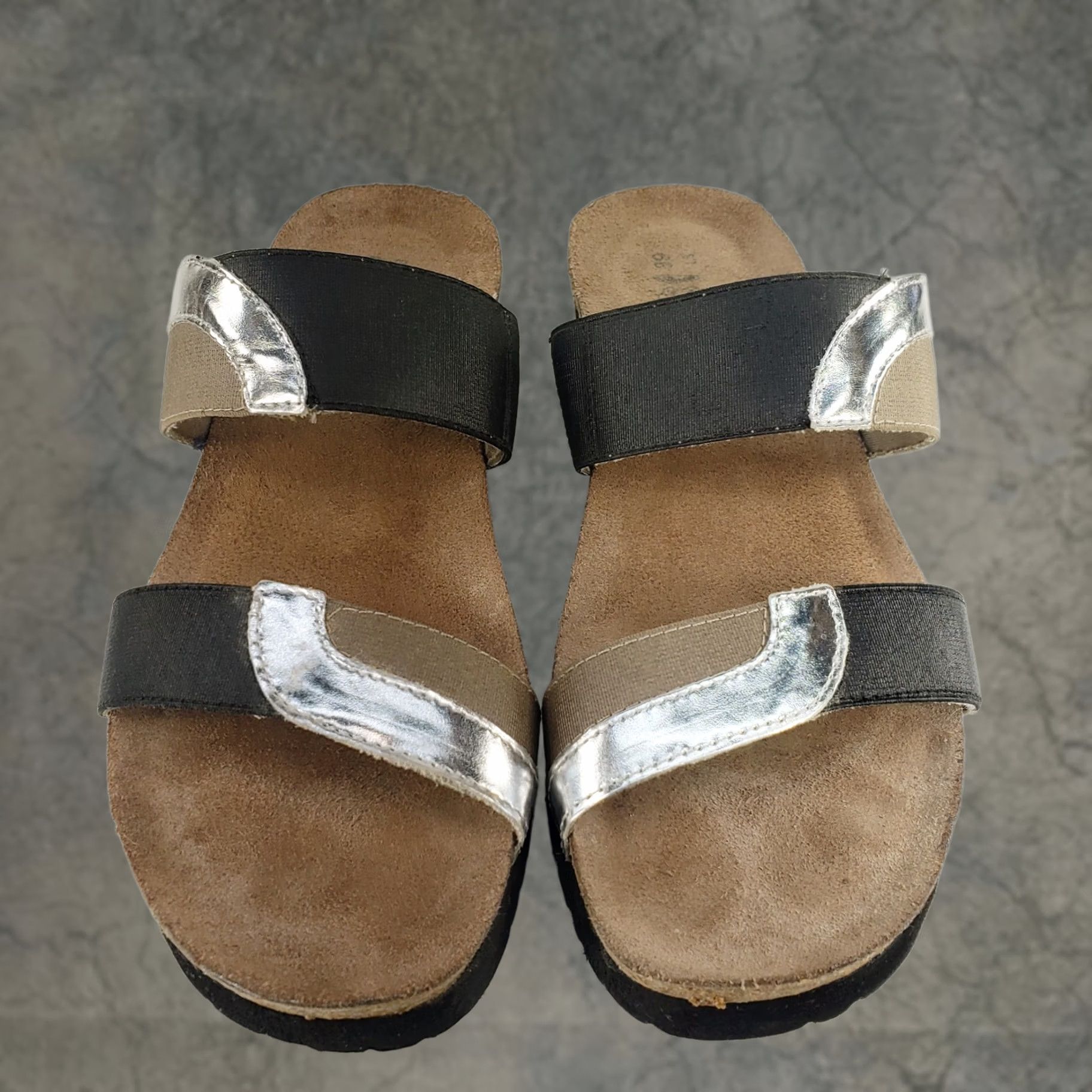 Vintage Naot Women's Sandal Black Silver Metallic Beige Leather Slide Wedge Rhinestone Open Toe 8 Slip-On Leather Insole Outsole Rubber Women Size US 8 / IT 38 - 1 Thumbnail