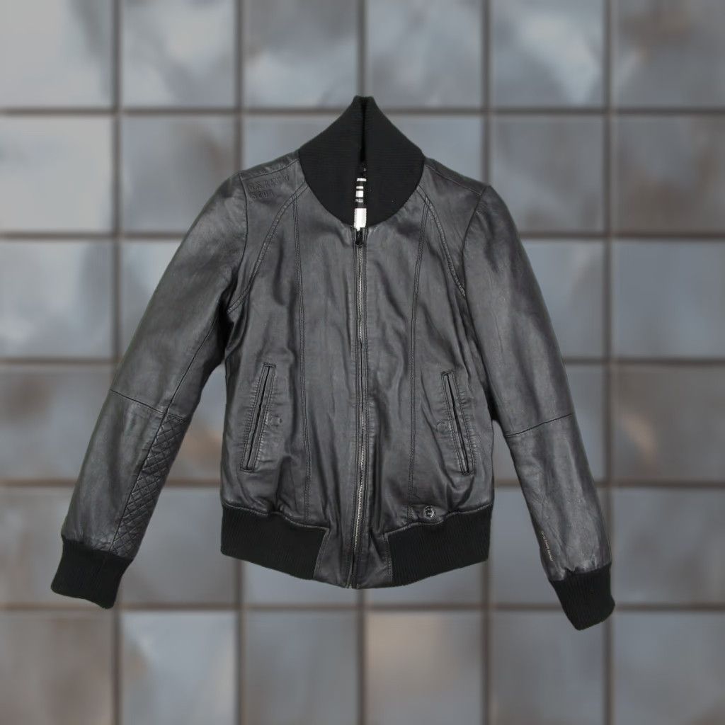 Vintage G Star Raw Leather Bomber Jacket Womens Small Black Lewis 3301 Quilted Zip Short Insulated Pockets Slim Full Zip Casual Travel Mens Womens Boys Girls Size S / US 4 / IT 40 - 1 Thumbnail
