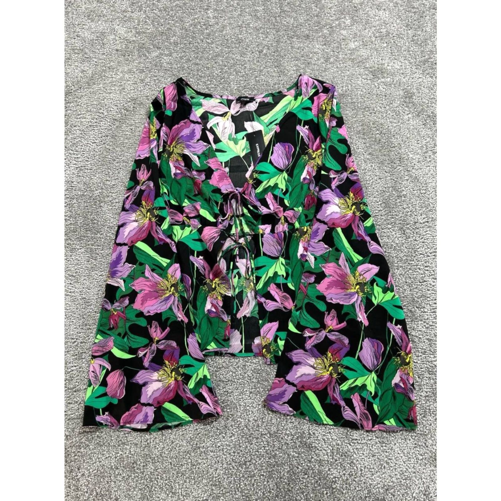 Express Express Blouse Top Womens Small Multicolor Stretch Floral Tie Front V Neck New Size S / US 4 / IT 40 - 2 Thumbnail