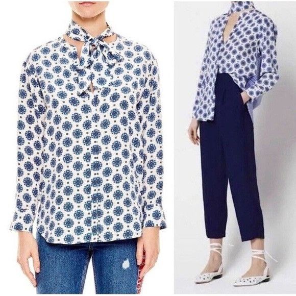 Sandro Sandro Blanc Mixed Pattern Silk Blouse (White) Size S / US 4 / IT 40 - 1 Thumbnail