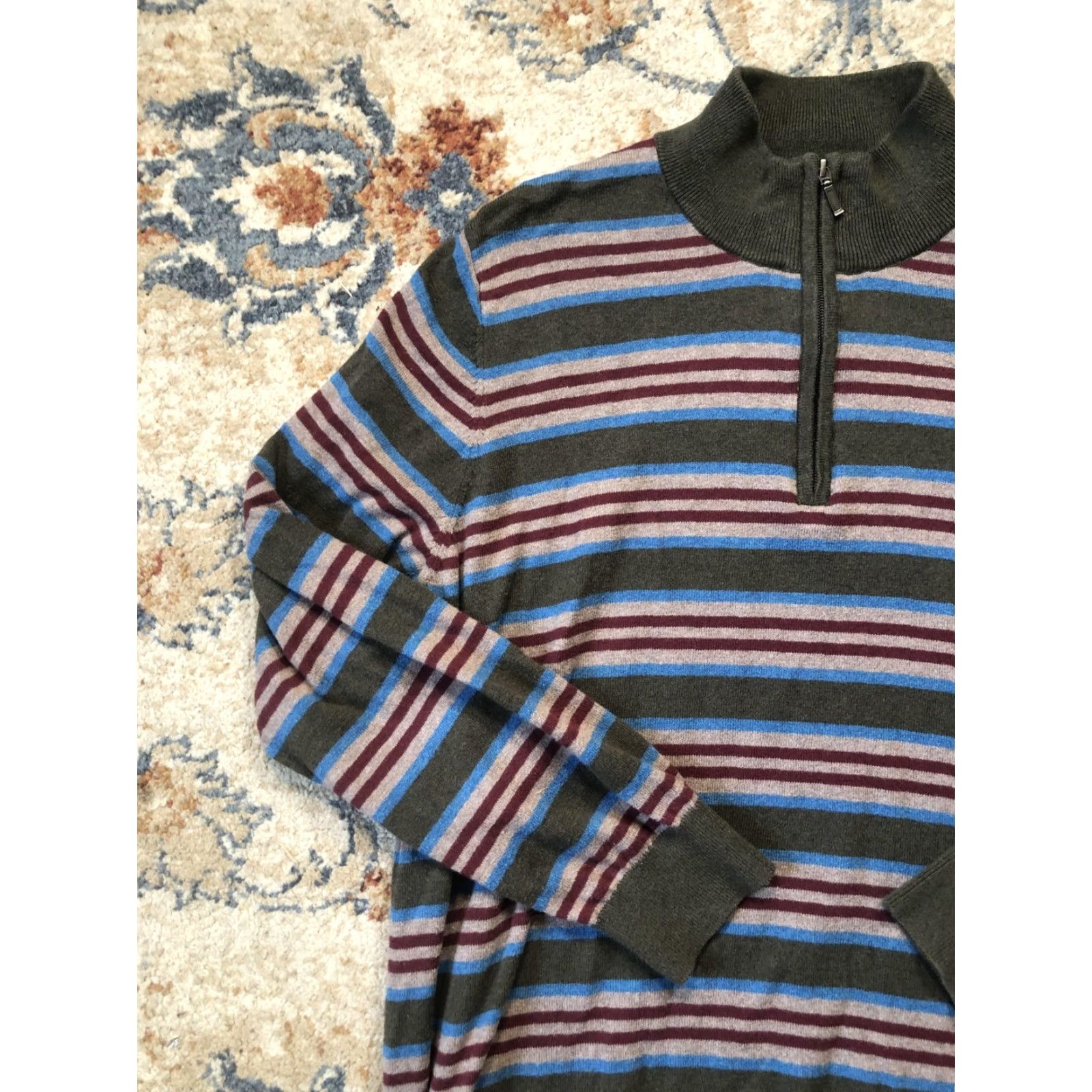 Vintage VINTAGE? No. (excluded) LL Bean Sweater Mens XL Olive Green Stripe Quarter Zip Pullover Cotton Cashmere Shirt? Size US XL / EU 56 / 4 - 3 Thumbnail